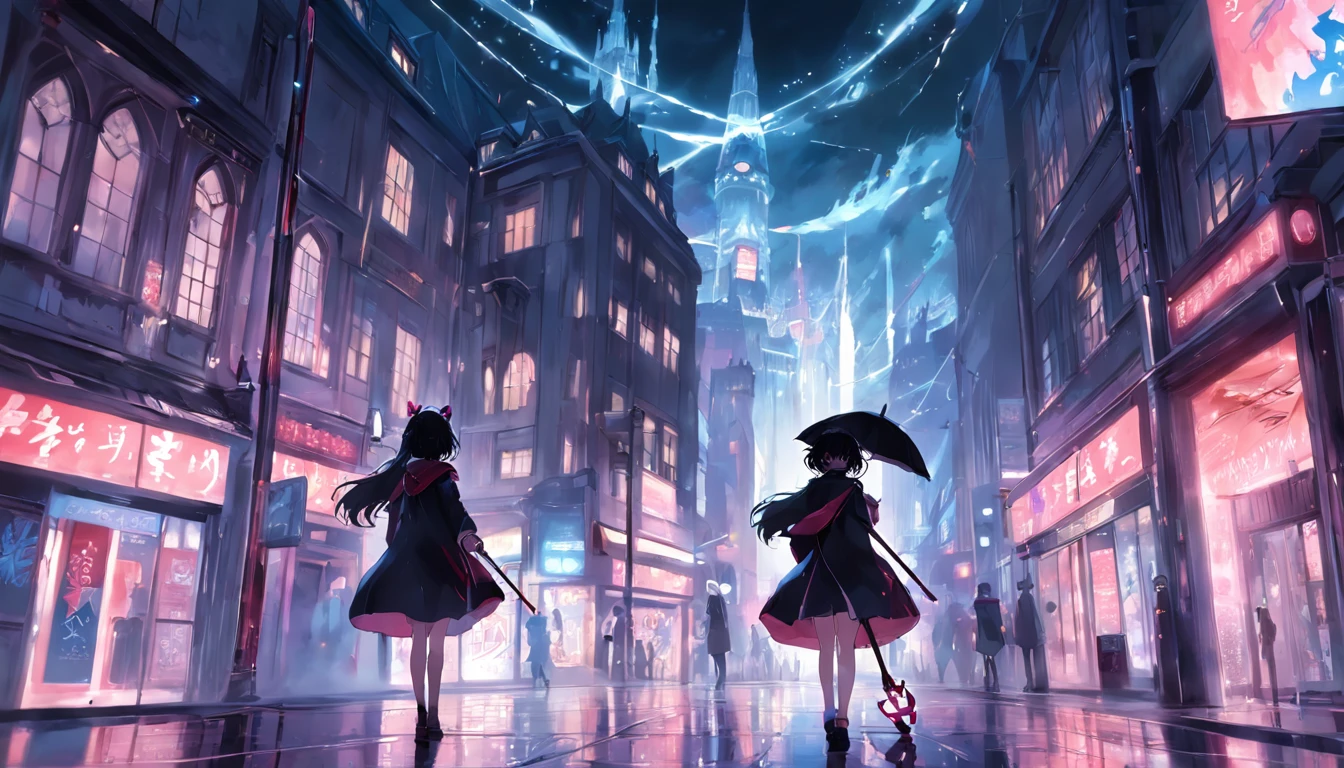tmasterpiece,ultra-clear,High-gloss dark style,A magical girl with a staff walks the streets of London,Mist London