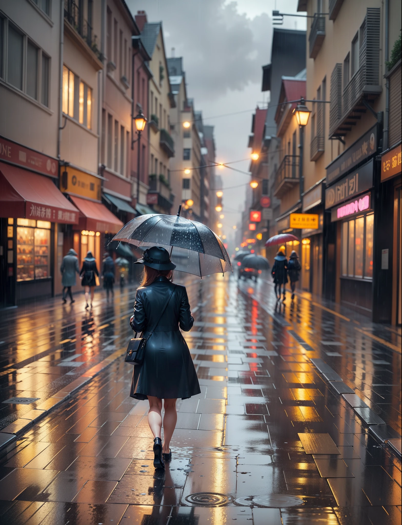 there is a woman walking down the street with an umbrella, rainy evening, by John La Gatta, inspired by Evgeny Lushpin, in the rain in the early evening, rainy afternoon, after the rain, under rain, at evening during rain, by Ni Yuanlu, rainy street, just after rain, in city street, day after raining