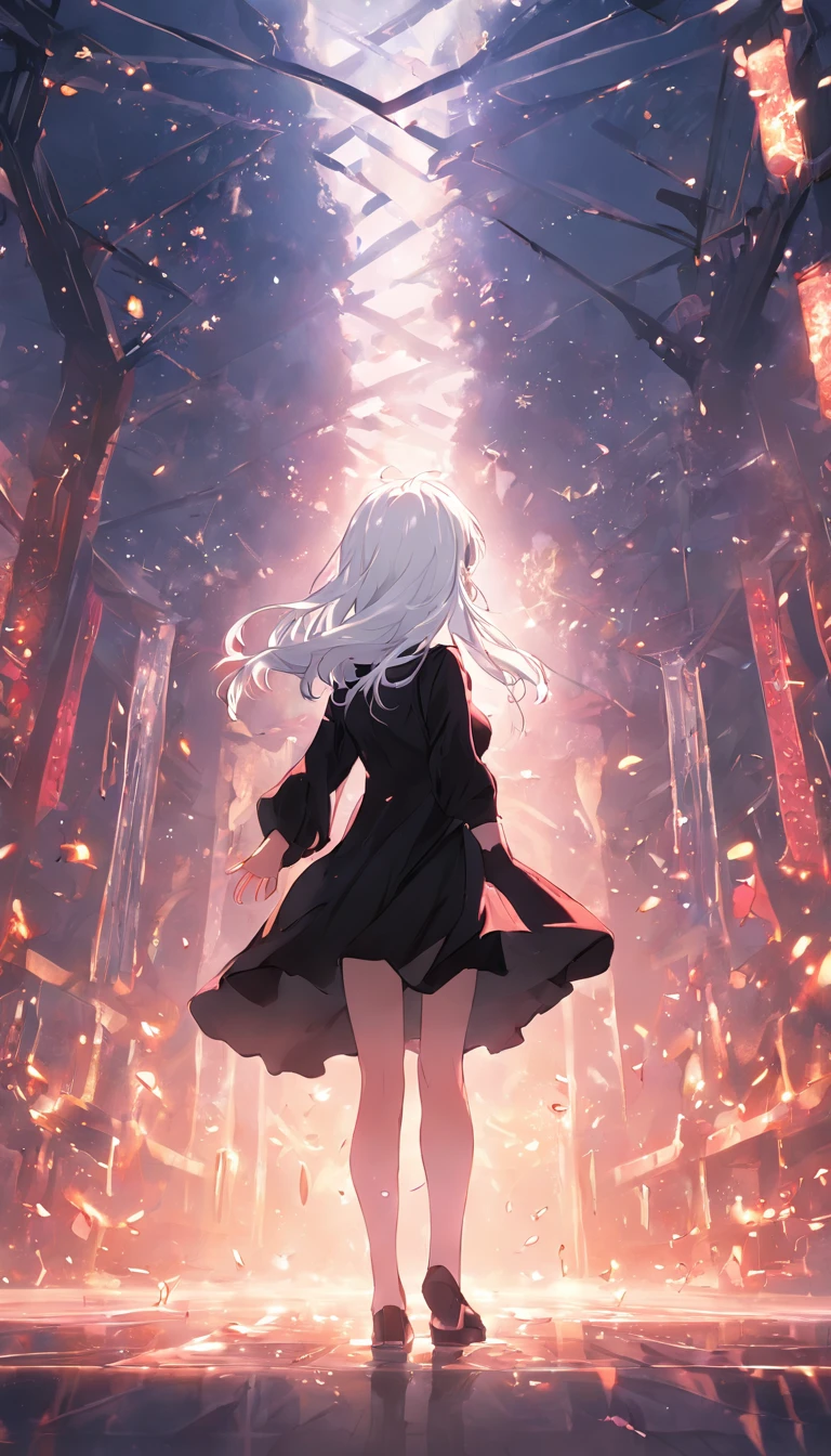 White hair wearing black dress girl back