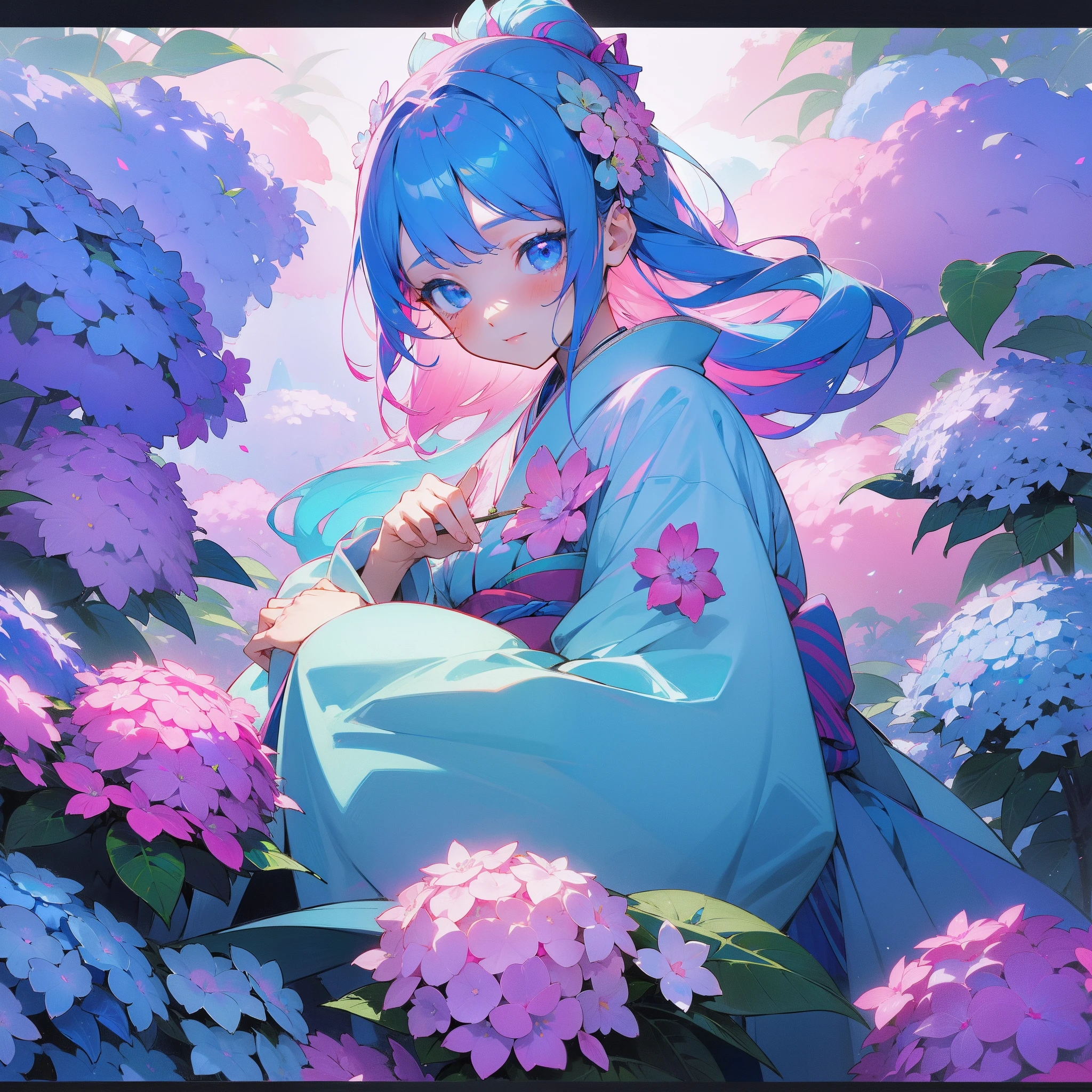 (Beautifully Aesthetic:1.2)、(1girl in:1.3)、(Blue and pink colorful hair:1.2)、Wearing a colorful kimono in blue and pink、hortensia、Hydrangea flowers、colourfull、Sateen、rainbows、Mystical、Beautiful Landscapes、Top image quality、Beautiful world、Rainbow Goddess、Blue World