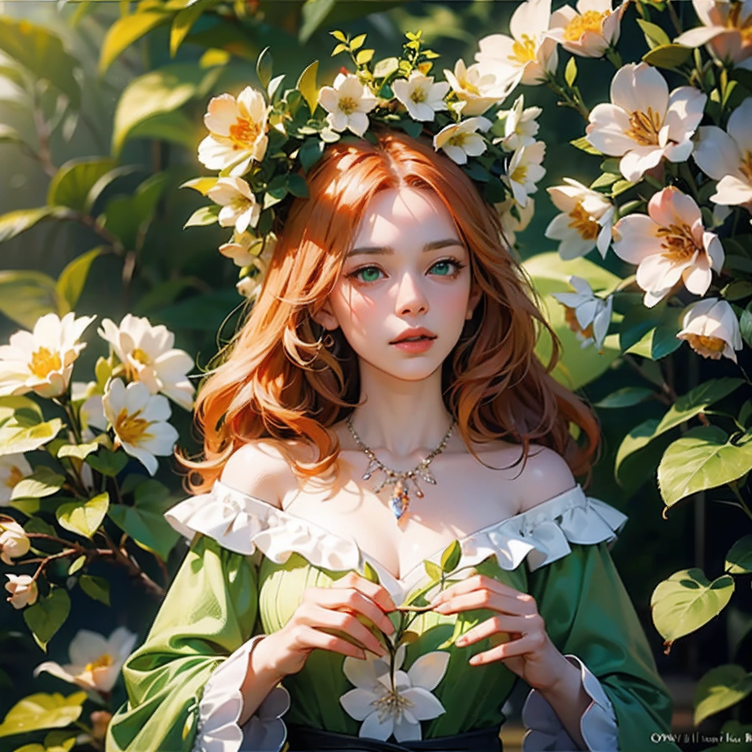 35mm, incredibly hyper-detailed and intricately realistic, female, adult, full body character, forest nymph, adult, beautiful, girly, orange hair, green eyes, flowery outfit, flowers in hair, detailed face, light skin, facial features mature, garden background, cover art, hyper detailed painting, lighting, bar lighting, resort, 4k resolution concept art portrait.