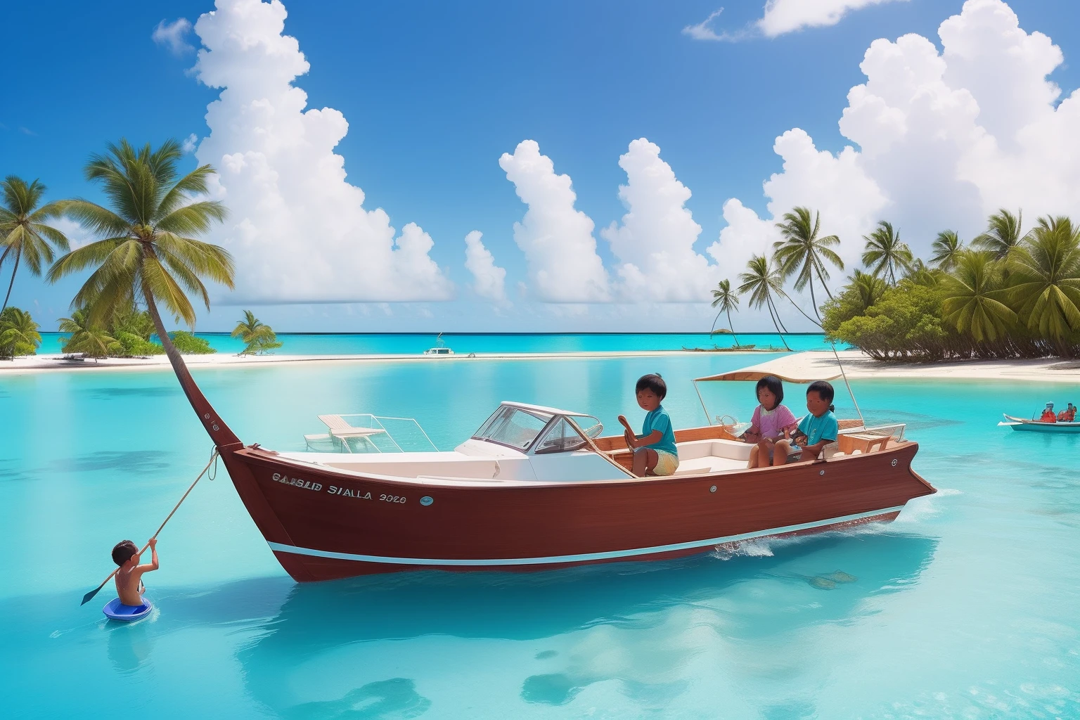 Year: 2021
Country: Marshall Islands
Description: On a sunny morning, an upper-middle-class family enjoys a delightful boat ride in a lagoon. The boat's pastel colors mirror the serene blue waters as they explore the natural beauty of the Marshall Islands.