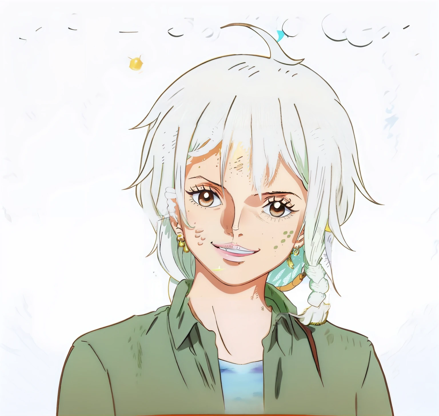 The sun is warm,squinty eyes,Purse your lips and smile,Small white braids,Seventeen-year-old boy,Green jacket,Wear a shirt underneath