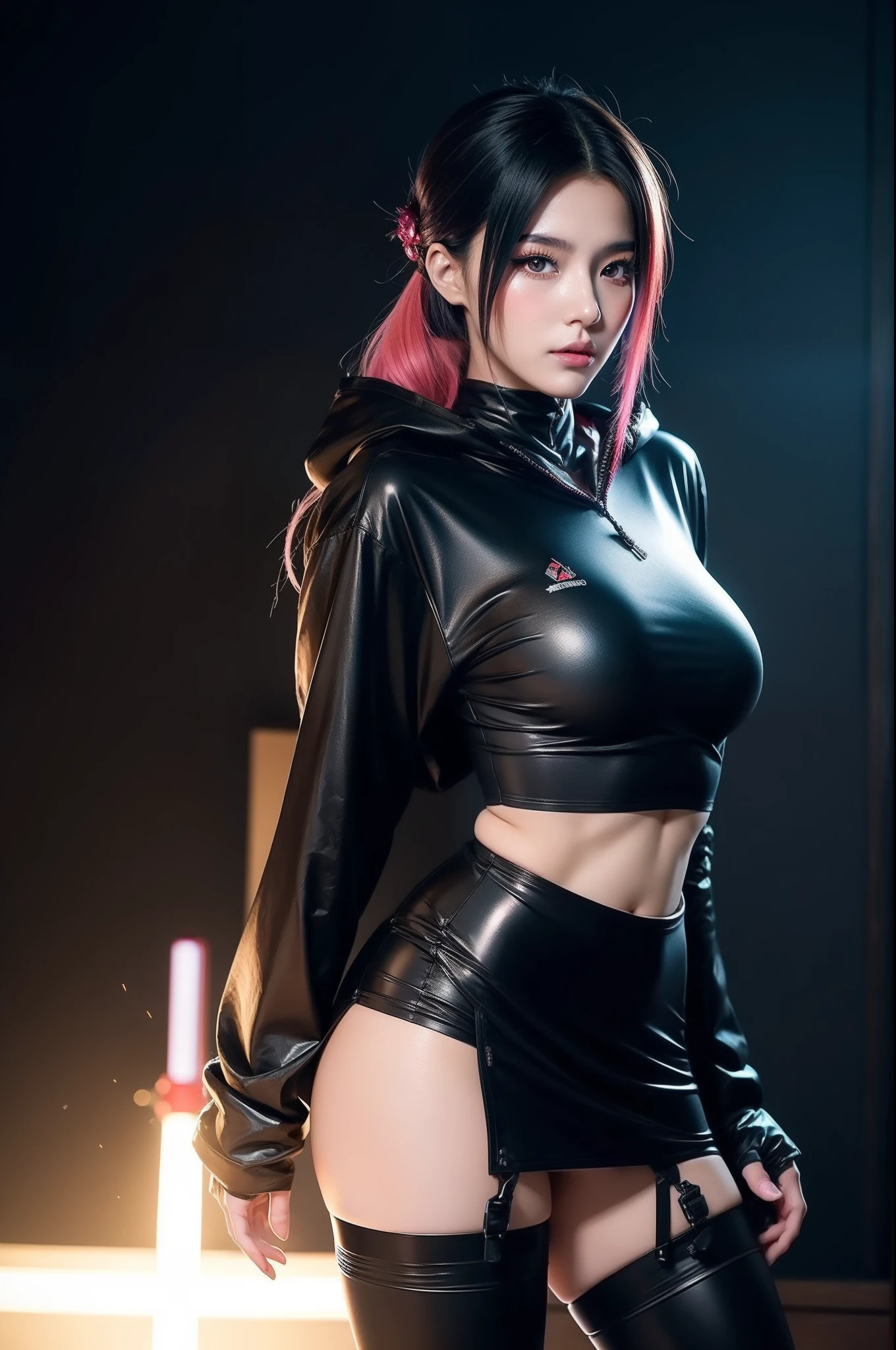 masterpiece, sidelighting, finely detailed red eyes: 1.2), ((best quality)), ((masterpiece)), (highly detailed:1.3), anime, , thick thighs, turtleneck, open mini cropped jacket with long sleeves, oversized shorts, dark-grey shorts, light Brown skin, (ultra detailed yes), (black hair, messy haircut), ((dark pantyhose Up to the knee)), earrings, Tattoo of bones on the right hand as if it were a skeleton, solo, 1girl, ultra ball in hand, team rocket clothes