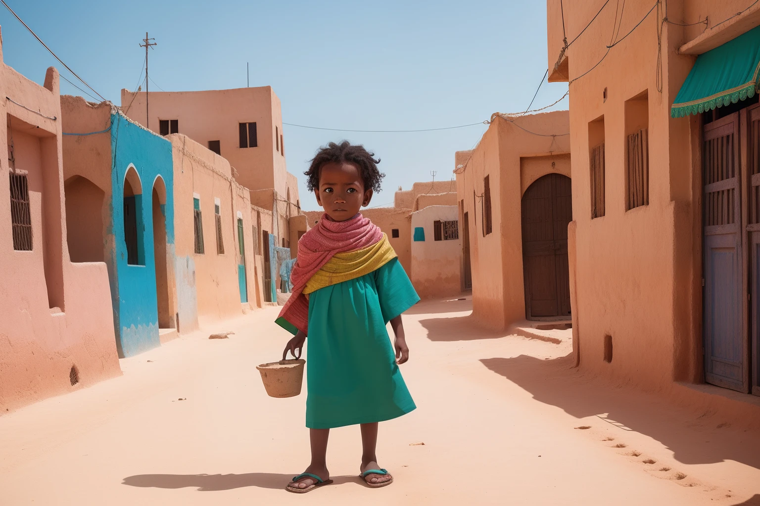 Year: 2022
Country: Mauritania
Description: In the heart of Nouakchott, a child with a vivid imagination explores the colorful patterns of a local market's textiles. The vibrant fabrics contrast beautifully with the pastel hues of the buildings, creating a cinematic moment.
