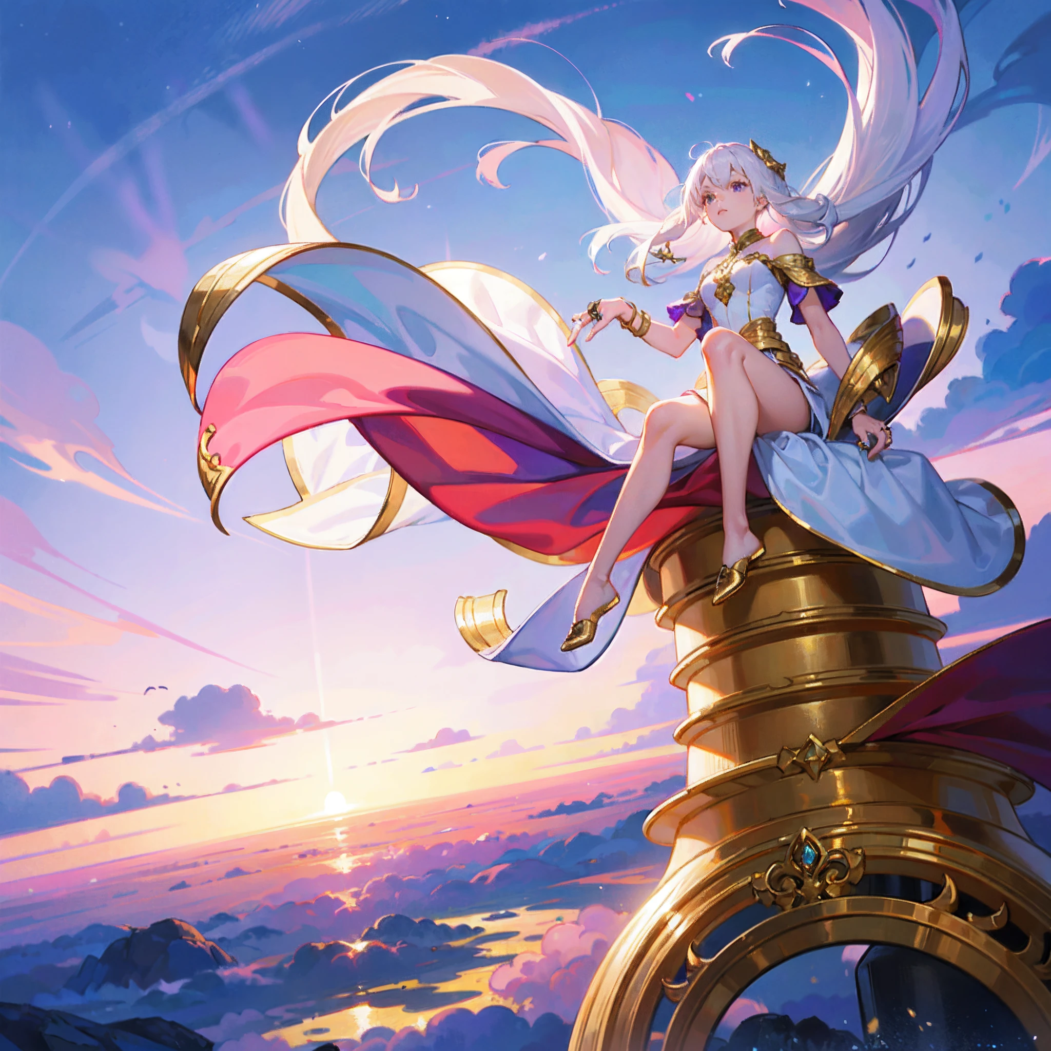 absurdres,  (wide shot),(1girl,small bust, white hair), girl (sitting on very large (gold ring:1.3) floating in air), (shiny ring, 💍), (europian painting, 8k, fluid, wind, beautiful painting, sharp), fantasy, lots of soft pastel clouds, (sky is soft pink and purple gradient),