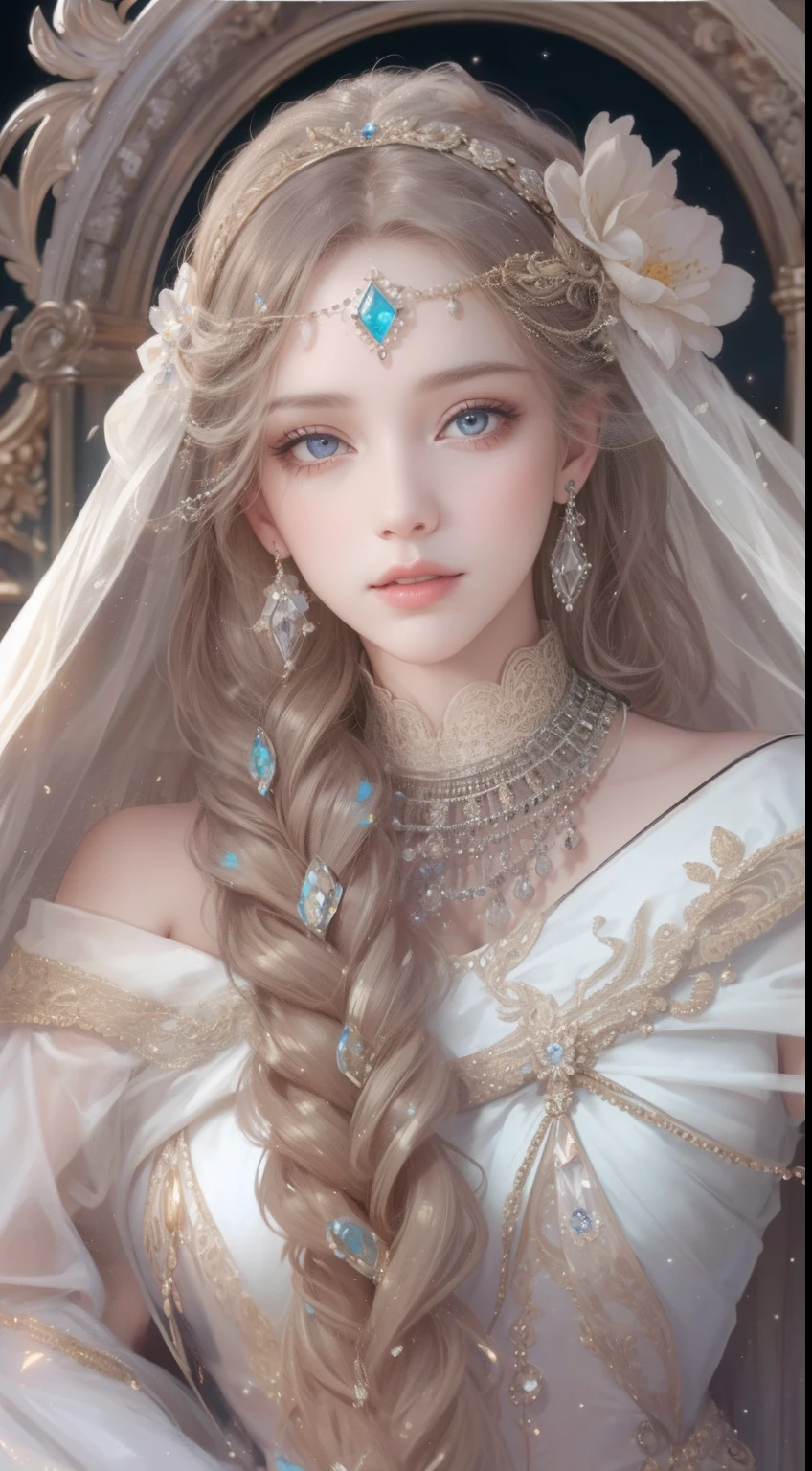 tmasterpiece,Highest high resolution,Bust of a beautiful noble maiden,Delicate braided hair,Coiled hair,Shining clear eyes,The hair is covered with beautiful and delicate floral craftsmanship, crystal、Diamond jewelry filigree,Ultra-detailed details,upscaled,softlighting。