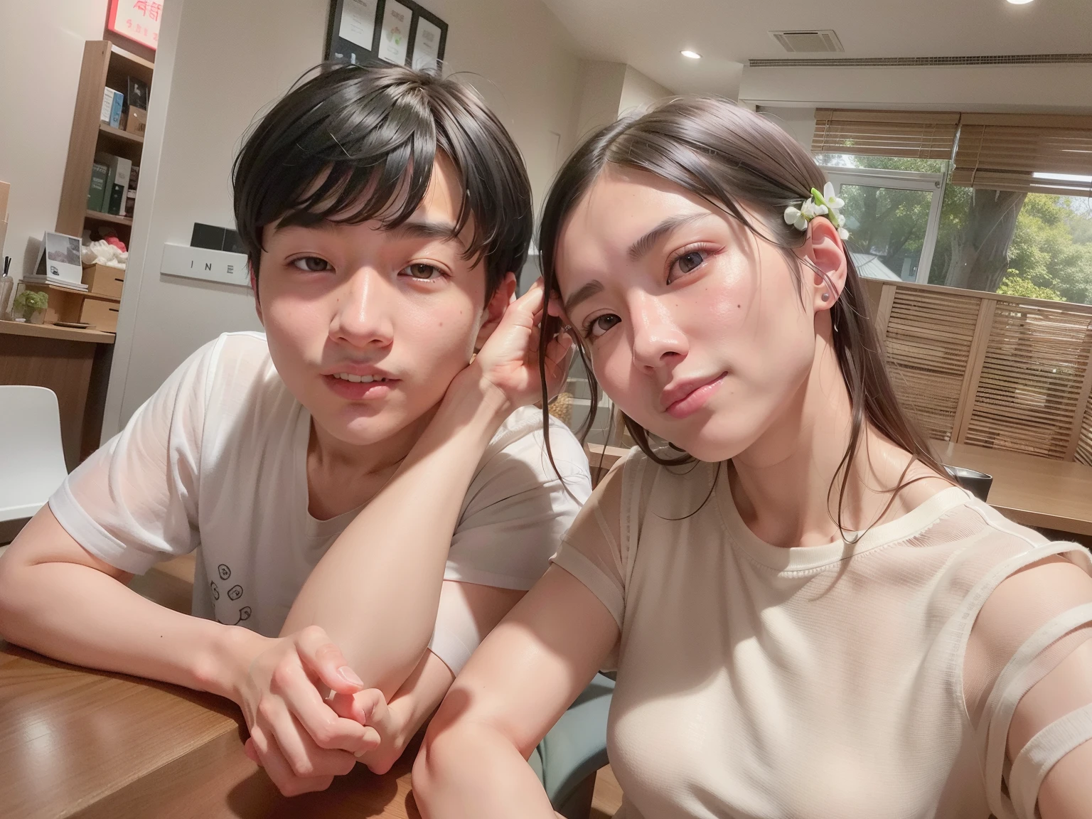 there are two people sitting at a table with a plate of food, ruan jia and fenghua zhong, lovely couple, 8k selfie photograph, ruan jia and brom, tyler edlin and natasha tan, happy couple, jordan grimmer and natasha tan, kda and sam yang, shot on nikon z9, with ivy, in love selfie