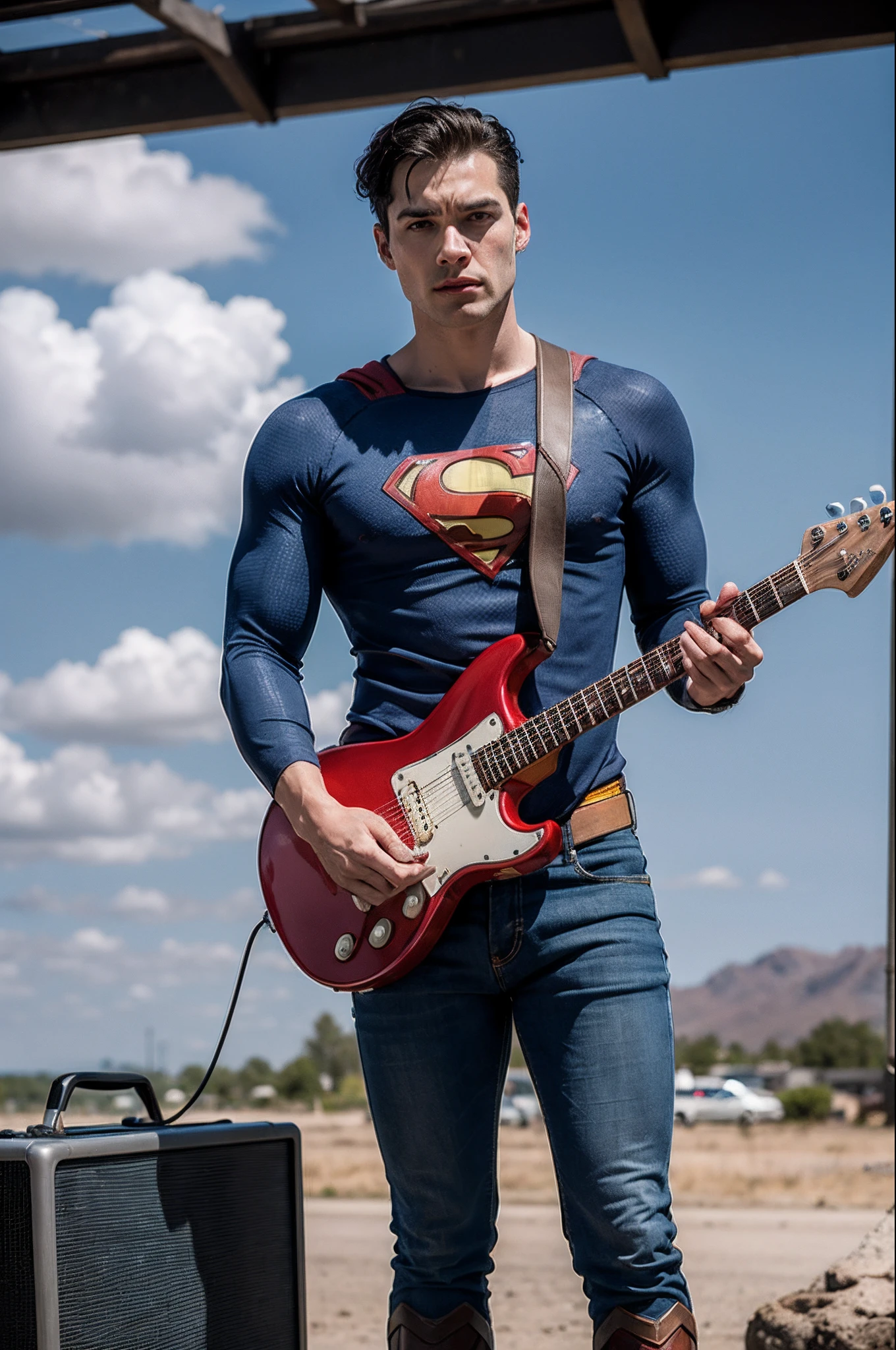 1male, Superman with a guitar, Standing, Adult, Slim, buzz cut, Punk Man, Mad Max, (disheveled clothes: 1.4),