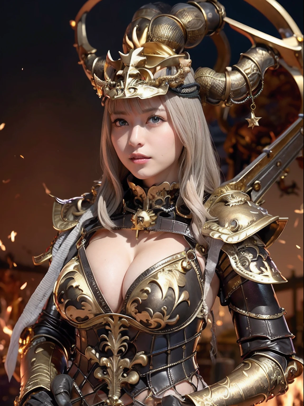 Professional , masterpiece、top-quality、photos realistic , depth of fields 、(Dragonlet Metal Body:1.9),(Mattretto、(cleavage of the breast)、Dragon Gold Weapon、(Micro Bikini Armor:1.4),Gorgeous gold weapons ,(( Dragon's dense and gorgeous sword)) , (demonic wings)、((a blond))、(Castle background)、((Gangle's forest background))、Beautiful Caucasian beauty、1a person、dynamic ungle,(((Detailed and ornate dragon helmet)))、Smaller head、A smile、Castle background、Thin and beautiful female hands、cleavage of the breast、Soldier in iron armor on background、Mystical expression、Light Effects、intense fighting、Wind-effect、magic circles、With the legendary magic wand、Dragon's tail、explosions、