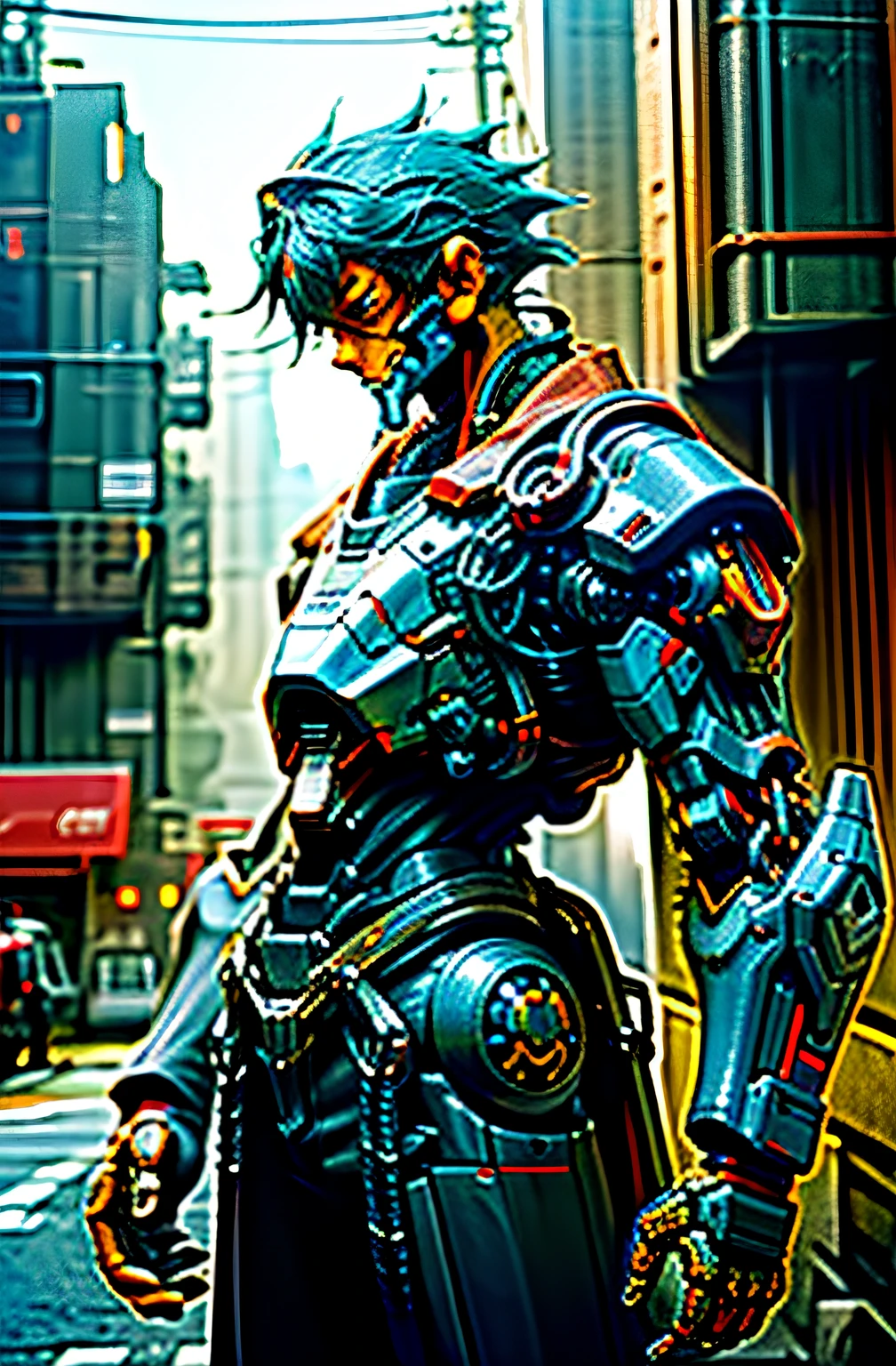 Dark_Fantasy,Cyberpunk,(chain saw,chain saw man,Red:1.1),1man,Mechanical marvel,Robotic presence,Cybernetic guardian, wearing a worn-out mech suit, intricate, (steel metal [rusty]), elegant, clear focus, shot by greg rutkowski, soft lighting, vibrant colors, masterpiece, ((street)), cowboy shot, dynamic pose,