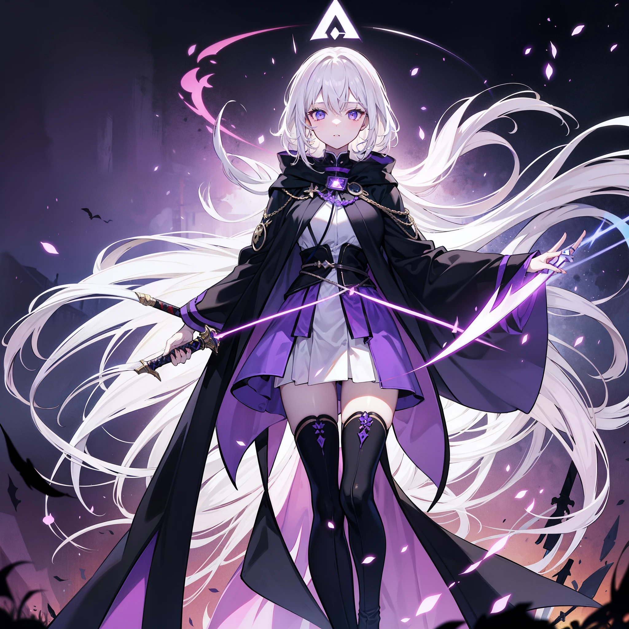 This is a girl with white hair，Dressed in a dark purple Assassin costume，Fair and slender legs，Anterior convex and posterior，and charming，The cloak is dashing and proud，Overbearing，pretty，Frontal view，Walk through dark villages，Quaint and eerie，One spell after another floats，Holding a long sword，脚踏六芒星✡阵法