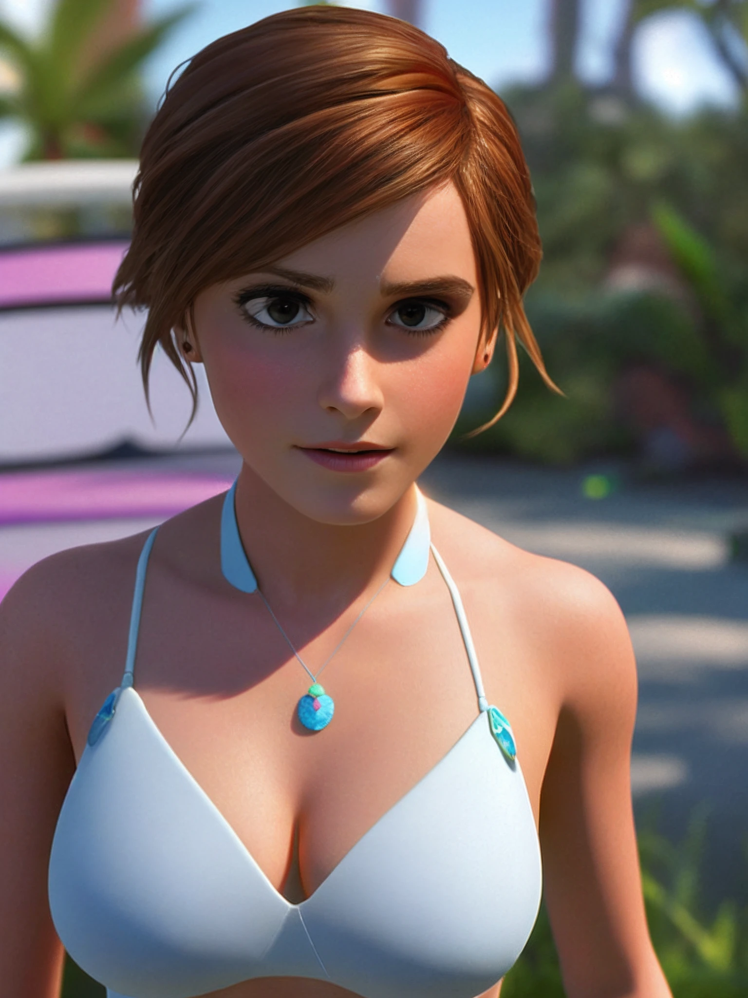 Emma Watson，Sexy, ssmile，Half of the body has huge breasts，Bikini,（pixar-style） （tmasterpiece：1.2） （Bokeh） （Best quality） （Detail Skins） （Detail texture） （8K） （Clay） （cinmatic lighting） （sharp fokus