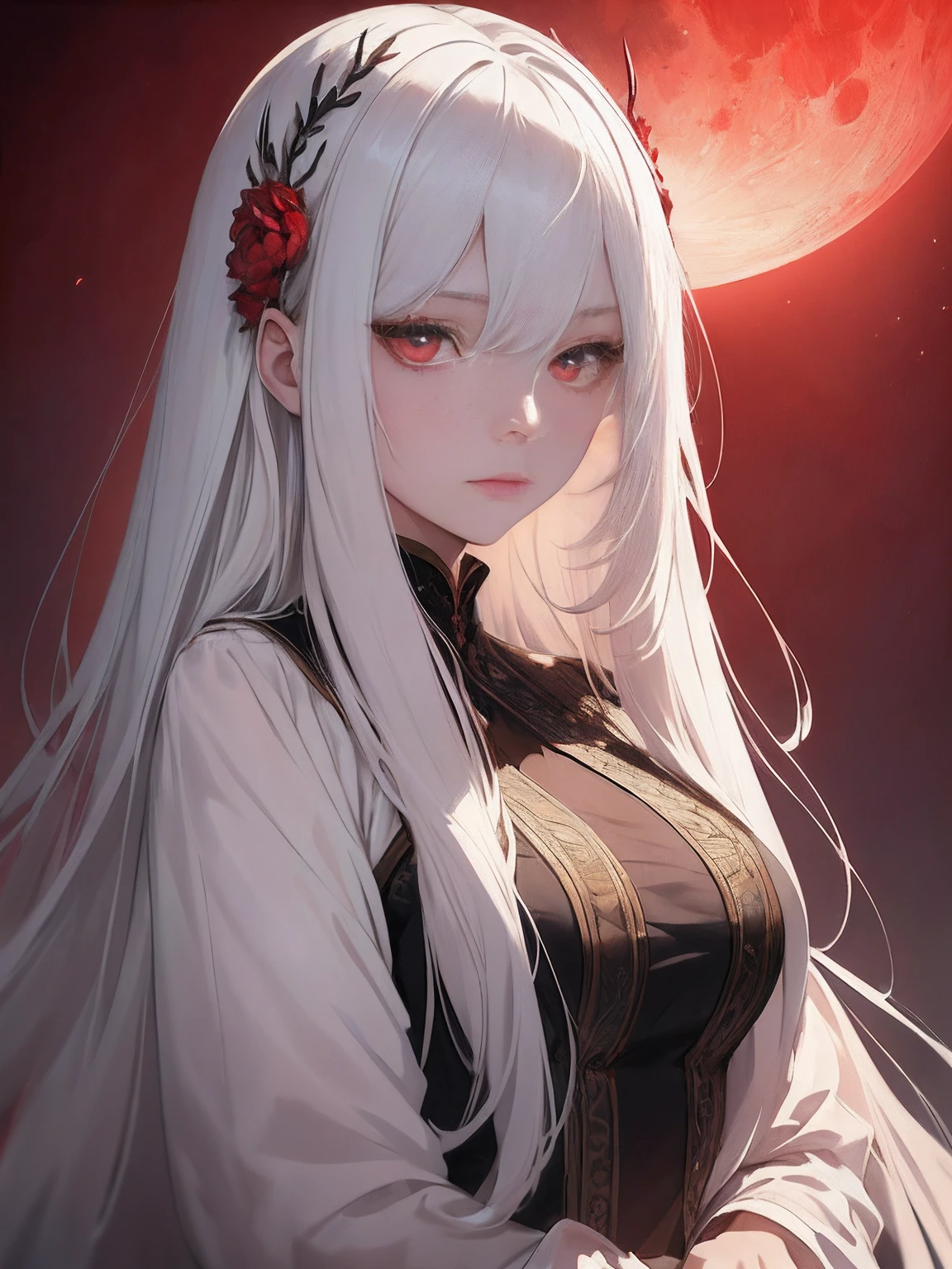 (masterpiece:1.2), (artwork:1.2), (beautifull detailed face:1.3), 1girl in, (long white hair with bangs), (portrait:1:1), (extremely drawn eyes:1.2), cinematic lighting, soft lighting, flat chest, Red eyes, (Ultra-detailed:1.2), Red Moon