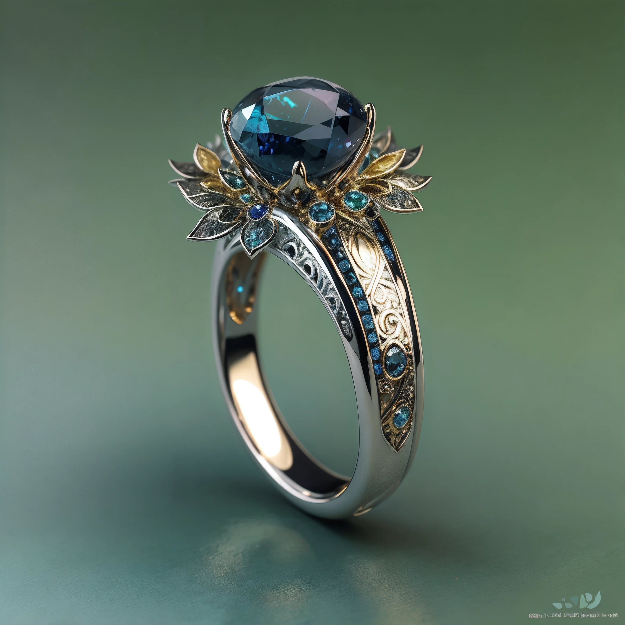 Masterpiece，highest  quality，(Nothing but the ring)，(No Man),Phoenix ring setting，starrysky，Wrapped around the end from beginning to end，Delicate silver ring，Starry sky in the ring,The sheen，inverted image，Sparkling blue-purple gemstones，Elegant and noble，The magic pattern on it emits the light of the Tyndall effect，It shines with a noble blue light，The golden-red tone is filled with dark-style graphics，simple backgound，