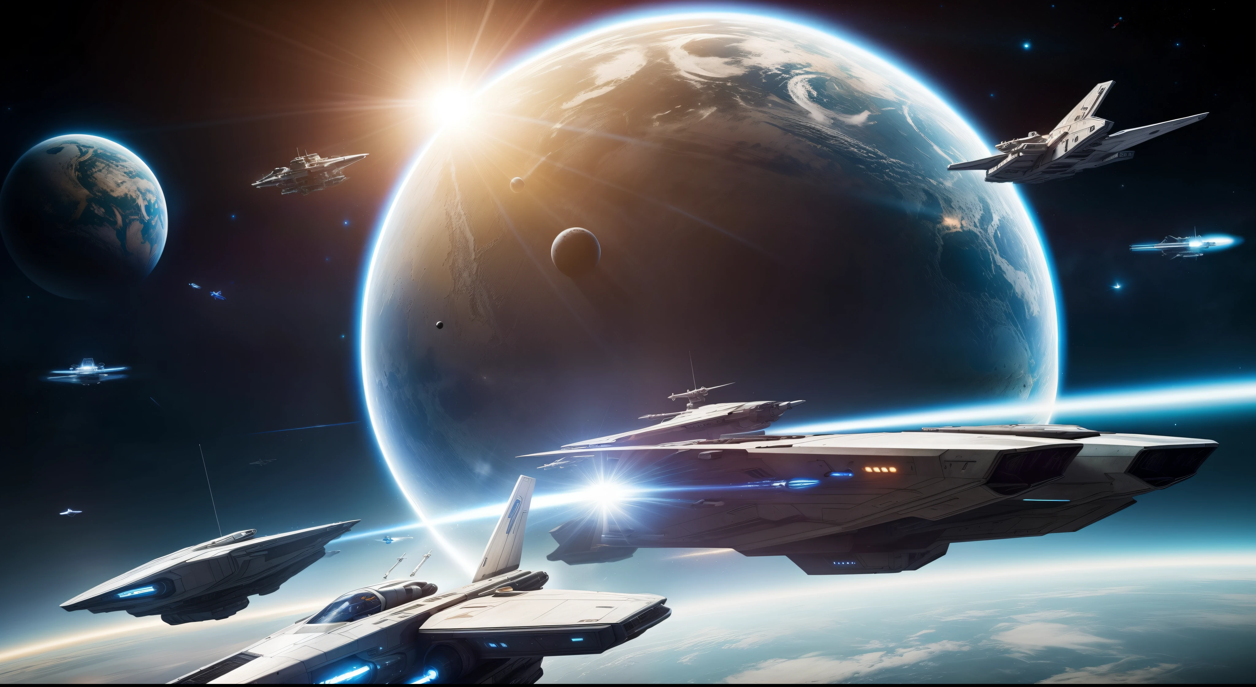 best qualtiy， tmasterpiece， detailedbackground，Spaceships fly in the sky，with a planet in the background, sci - fi spaceship in combat, star citizen digital art, wide shot of a spaceship battle, award winning scifi art,star citizen concept art,