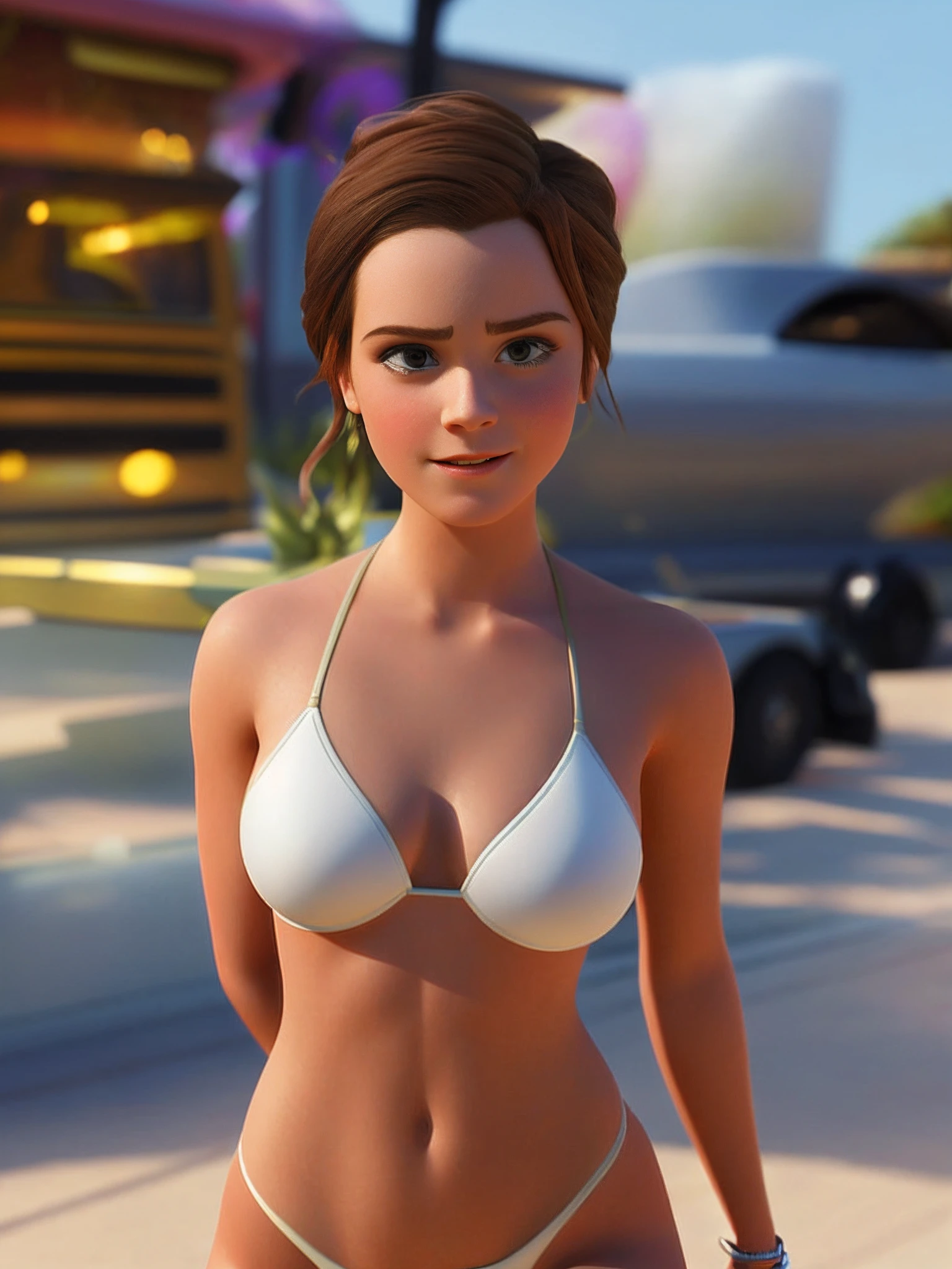 Emma Watson，Sexy, ssmile，Half of the body has huge breasts，Bikini,（pixar-style） （tmasterpiece：1.2） （Bokeh） （Best quality） （Detail Skins） （Detail texture） （8K） （Clay） （cinmatic lighting） （sharp fokus