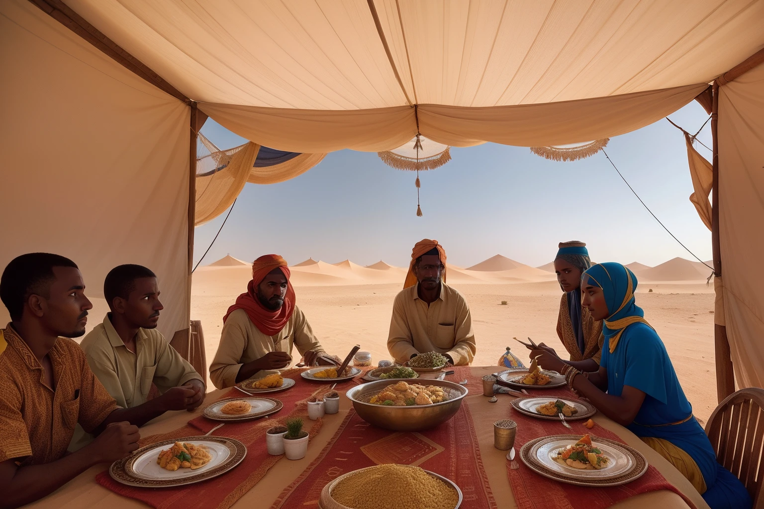 Year: 2023
Country: Mauritania
Description: Against the backdrop of a desert landscape, an upper-middle-class family gathers in a stylishly adorned tent for a traditional Mauritanian feast. The soft sunlight casts a warm glow on the scene, capturing the essence of their culture.