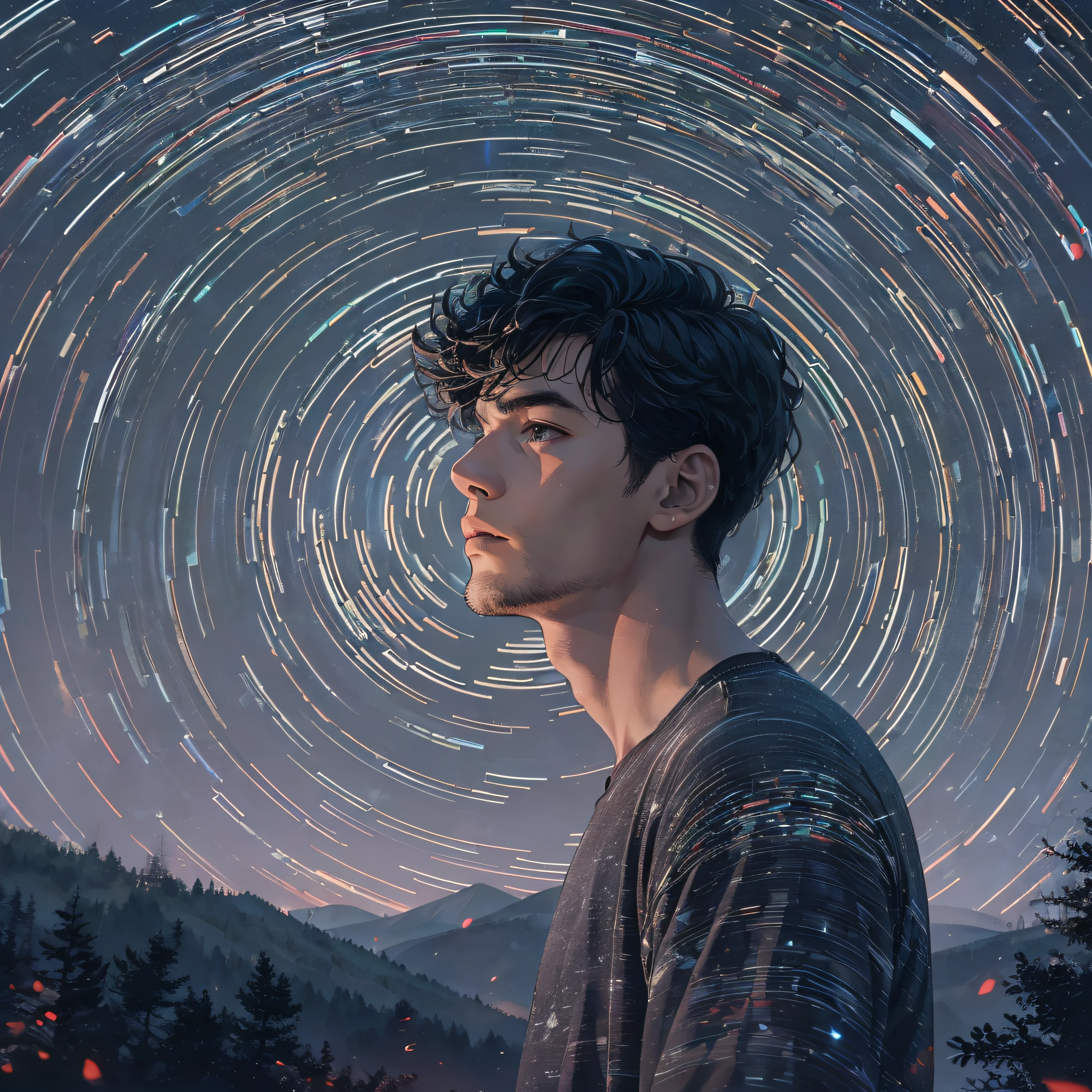 ((Best Quality, 8K, Masterpiece: 1.3)), landscape, morning shoot, star trail, slow speed, standing young man with black hair, black jeans, look at the stars, amazing scenery, hundreds of stars forming a circle, light waves, futures city.