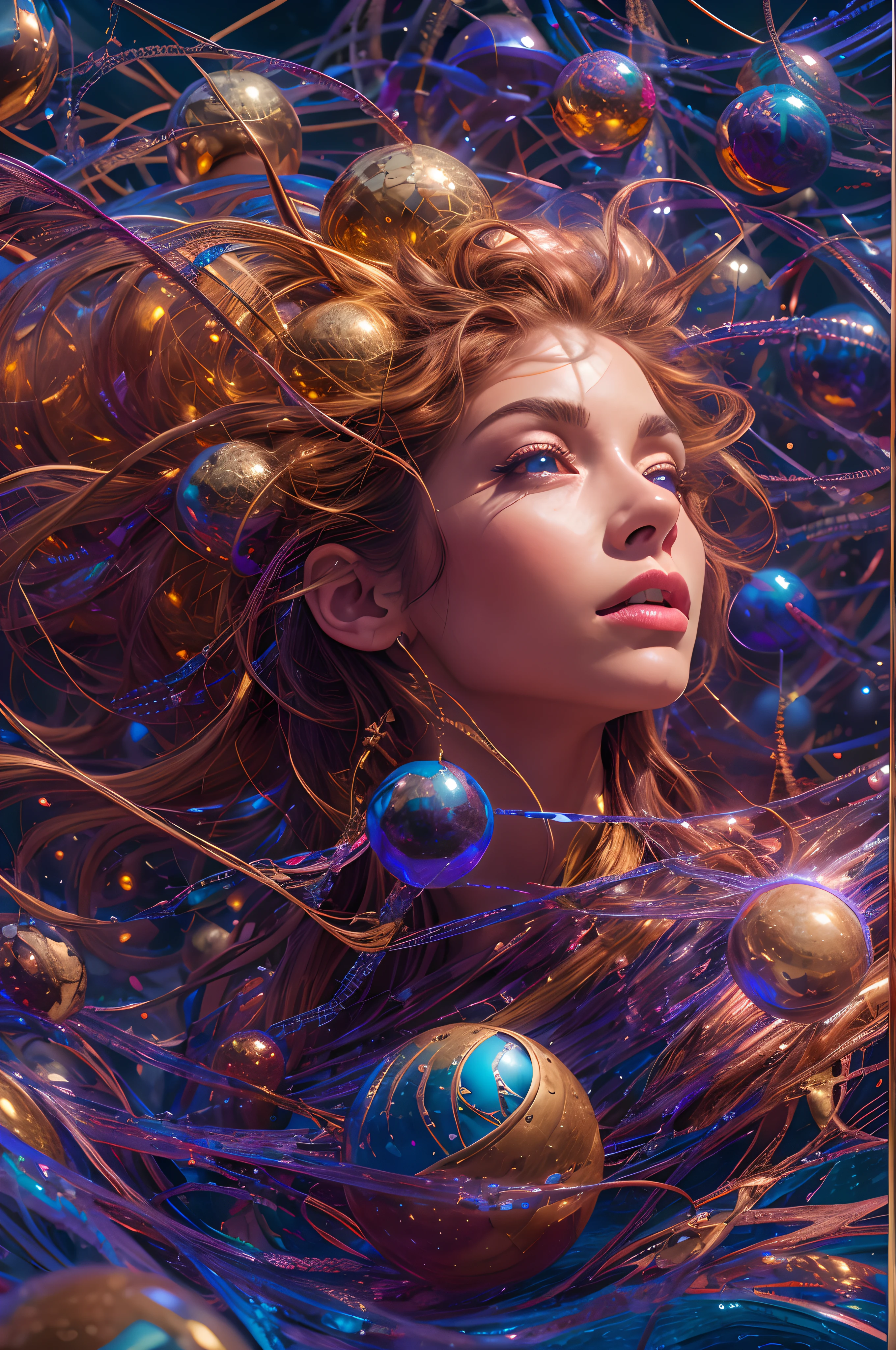 Beautiful 25-year-old girl floating over the water, she is located in the center, lake with mountains in the background, spheres with fractal designs around, cyberpunk, Fractal design in the background, FUTURISTIC, golden ratio, 3D tessellation of metal structures , neuronal graph, neurons, Color, love, passion, oil on canvas, thick brushstrokes, Stunningly Detailed, 8k, masterpiece, Artstation, surreal, masterpiece, realistic, realism, photorealism, high contrast, photorealistic digital art trending on artstation 8k hd high definition detailed realistic, detailed, skin texture, hyper detailed, realistic skin texture, armor, best quality, ultra-high-resolution, , high resolution, detailed, raw photo, nikon d850 film stock photograph 4 kodak portra 400 camera f1.6 Lens rich colors hyper realistic texture dramatic lighting UnrealEngine trend in Artstation Cinestill 800,