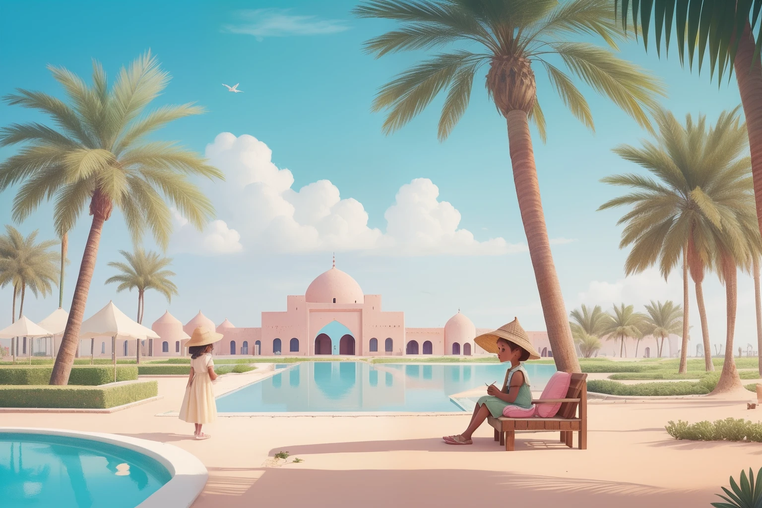 Year: 2021
Country: Mauritania
Description: At a peaceful oasis, a tween enjoys an afternoon of storytelling under the shade of palm trees. The pastel colors of the sky create a dreamy atmosphere as the captivating tales come to life in a Wes Anderson-inspired setting.