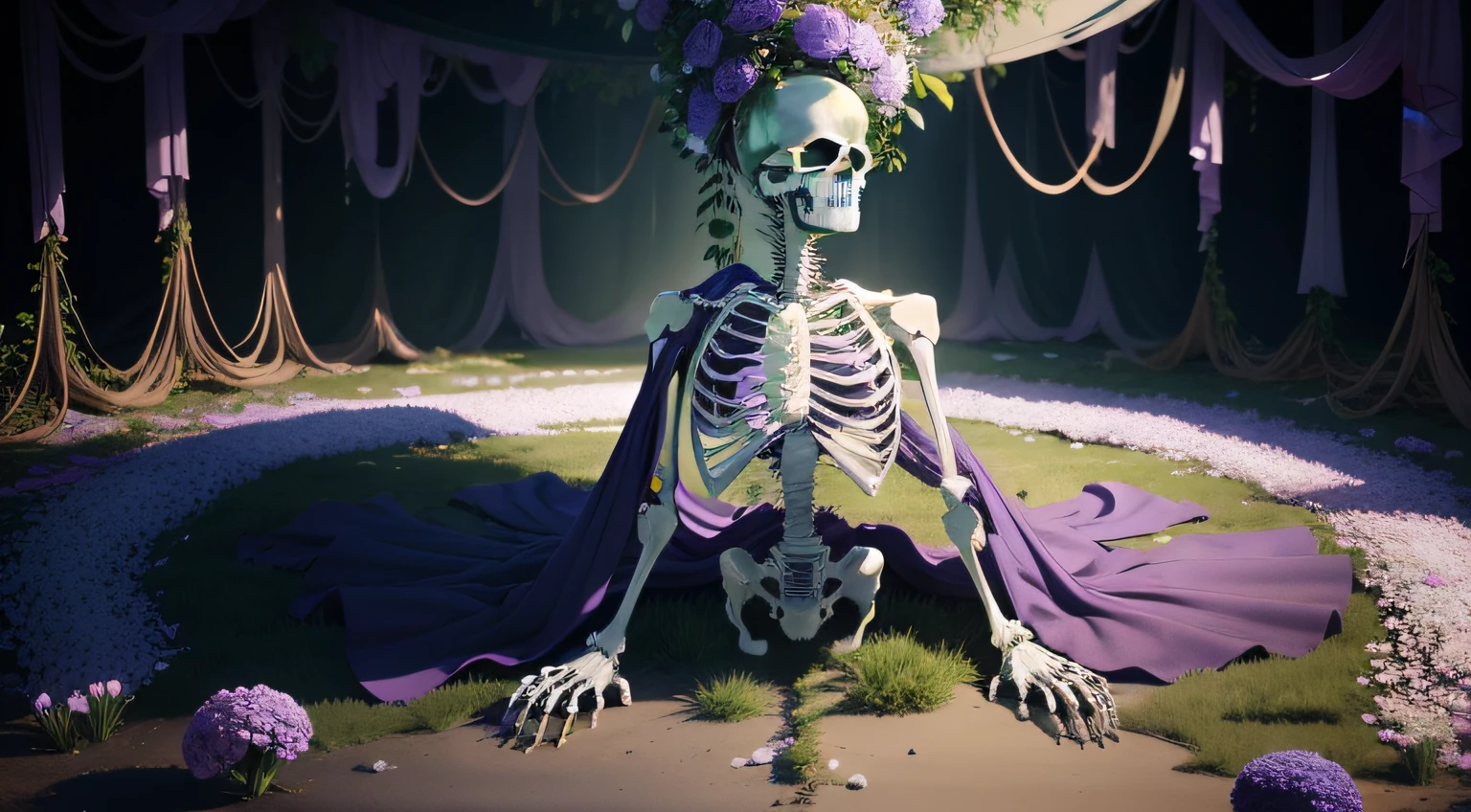 Sea of purple flowers,Lying flat in the picture is a mutilated corpse、Worn human bones,Vines and flowers are wrapped around the skeleton,nigth,White moonshine,Flowers that glow purple and blue,glowworm,photorealestic,A collision of beauty and terror,It gives a poignant feeling,Realistic wallpapers,The baptism of years,Green moss attached to the skeleton