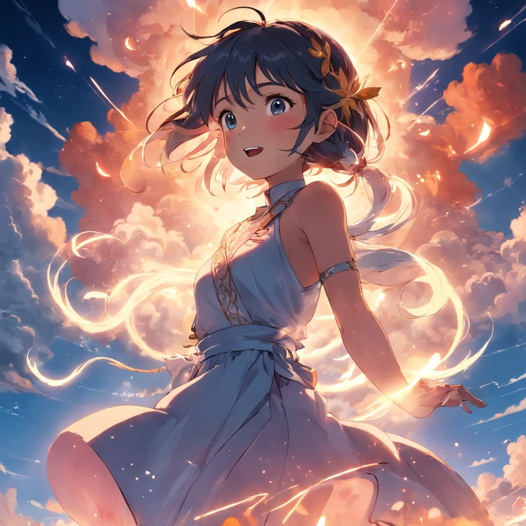 masterpiece, best quality, movie still, polynesian, cloud girl, floating in the sky, close-up, bright, happy, warm soft lighting, sunset, (sparks:0.7)