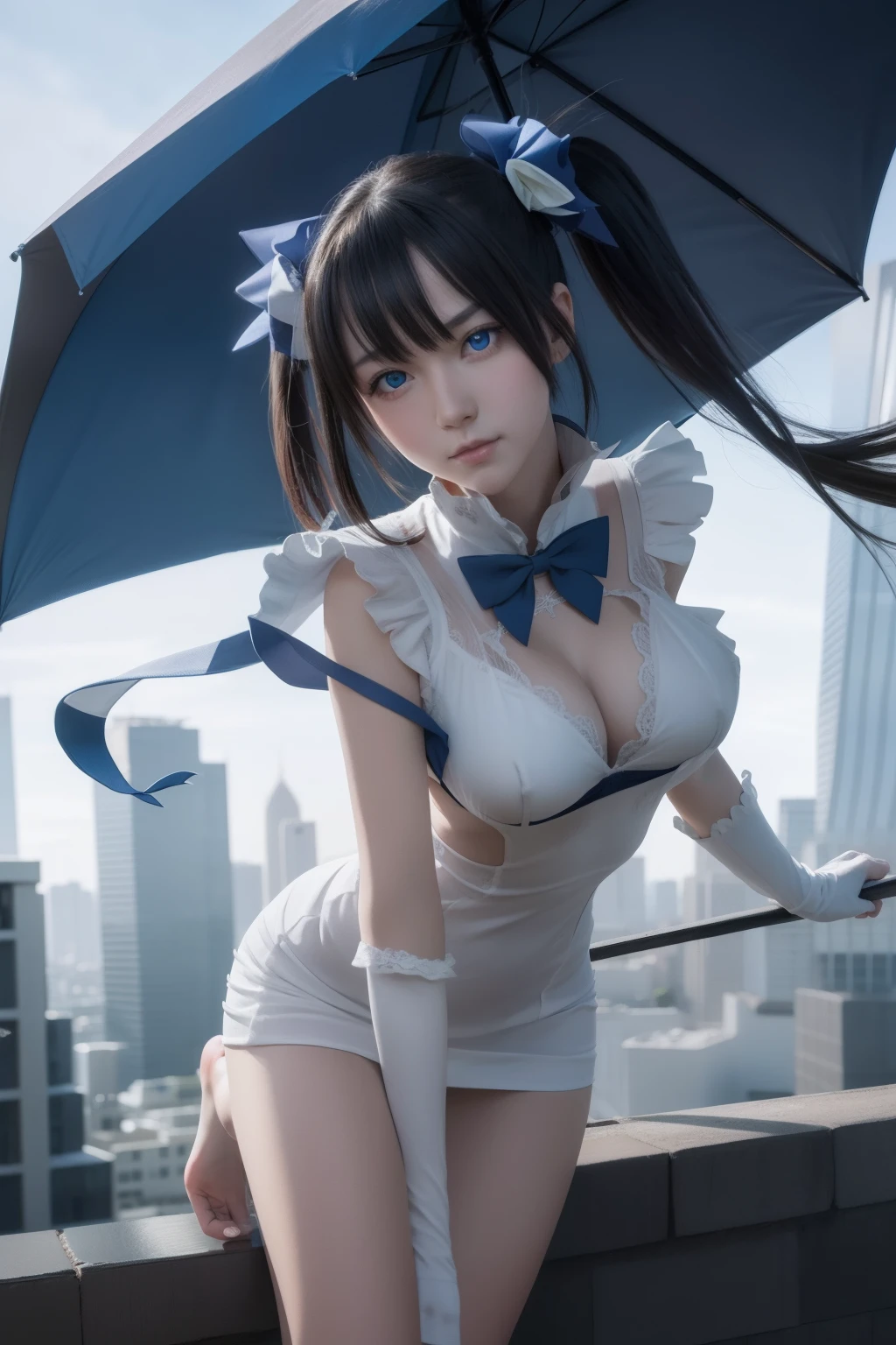 danmachihestia, hestia, blue eyes, black hair, twintails, 
BREAK barefoot, blue bow, blue bowtie, bow, bowtie, cleavage, cleavage cutout, clothing cutout, dress, gloves, pencil dress, rei no himo, short dress, white dress, white gloves,
BREAK looking at viewer,
BREAK outdoors, city,
BREAK (masterpiece:1.2), best quality, high resolution, unity 8k wallpaper, (illustration:0.8), (beautiful detailed eyes:1.6), extremely detailed face, perfect lighting, extremely detailed CG, (perfect hands, perfect anatomy),