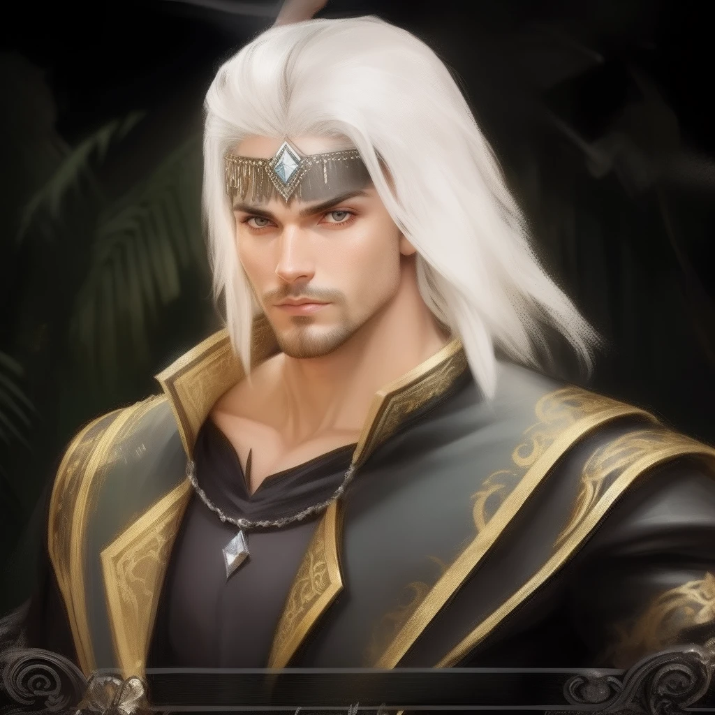 Homem novo cabelo cumprido grande sem barba cabelo realista, barba branca, sobrancelha branca diamante na testa, roupa preta, cabelo super realista