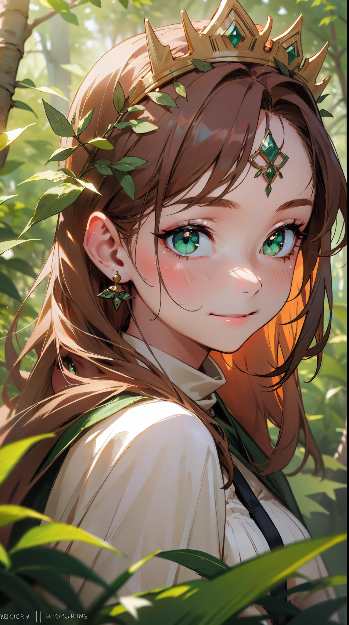 ((masterpiece)), best quality, 8k, high quality, high resolution, super detailed, ultra detailed, photorealistic, verdant and finely detailed face and eyes, ultra detailed and detailed skin texture, earthy eyes, perfect face, 1 girl, flowing auburn hair, (earthen gown), forest green eyes, (floral crown), (natural aura), surrounded by lush foliage, serene expression, ((gentle smile)), day, enchanted forest, dappled sunlight, nature's embrace, (birdsong), (rustling leaves), since ancient times, Gaia, earthy eyes, background of lush forest.