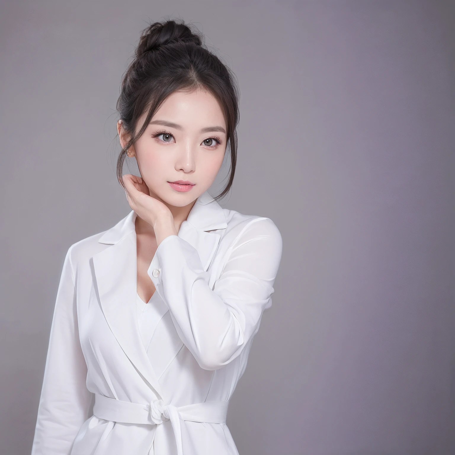 Portrait of a 28-year-old woman。It is a beautiful woman who is liked by both men and women..、Occupation as a beauty counselor with a neat appearance、So that you can convey its appearance。(Her hair is long and beautifully tied into a chignon、Feminine style stands out。:1.2)Makeup is unified、Overall sophisticated image。Chest to top close-up、The orientation of the body is frontal。I'm wearing a lab coat from a beauty clinic.、In a pose holding a medical record。The background is、white
High-resolution image quality with a realistic photo touch