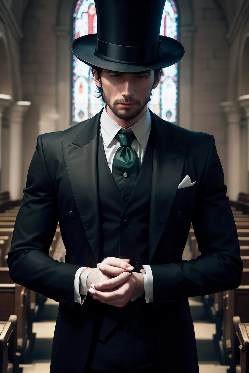 Two hands hold a green top hat
