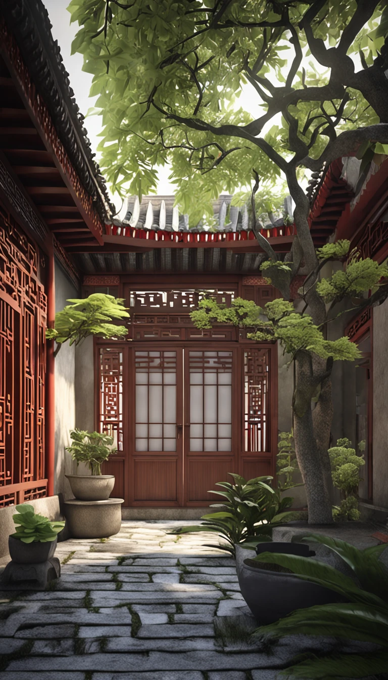 Chinese Garden，After entering the courtyard，You will see a spacious and tidy courtyard。The floor of the courtyard is paved with stone slabs，It is surrounded by bamboo。A variety of green plants are planted in the corner of the courtyard，Such as flowers and plants、Bamboo and small trees, etc。Greenery grows well，It brings a fresh atmosphere and natural beauty to the courtyard。In the middle of the courtyard，There is some simple but comfortable outdoor furniture，For people to rest、Chat or read。China-style.