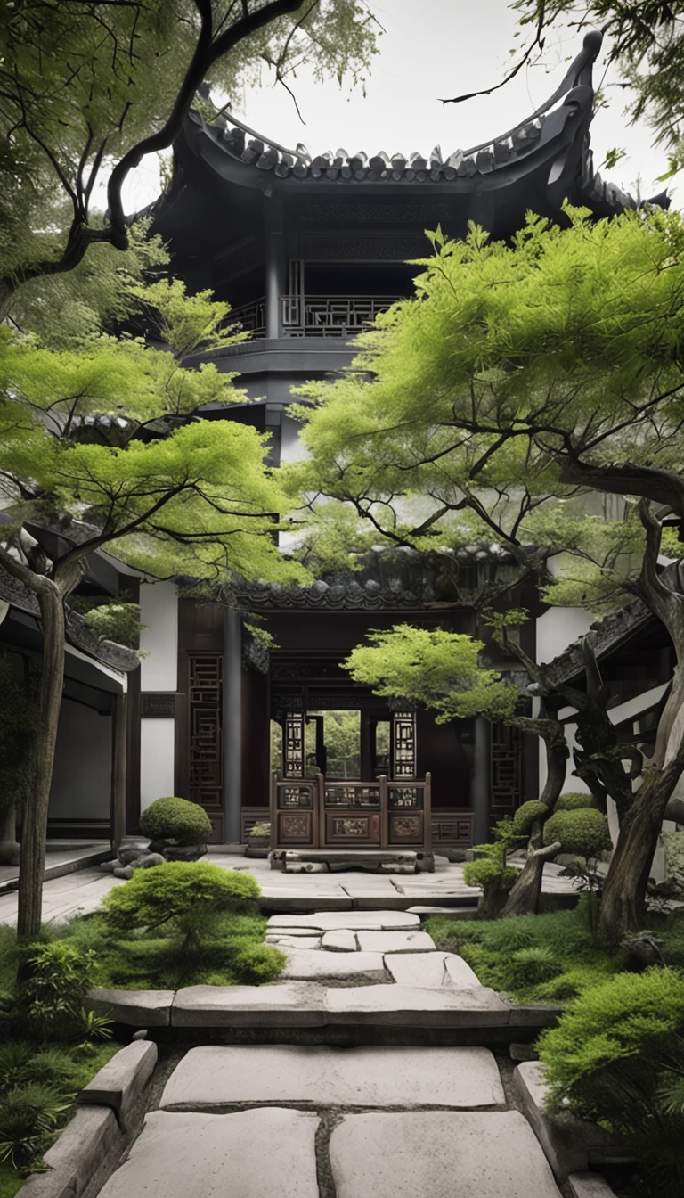Chinese Garden,After entering the courtyard,You will see a spacious and tidy courtyard。The floor of the courtyard is paved with stone slabs,It is surrounded by bamboo。A variety of green plants are planted in the corner of the courtyard,Such as flowers and plants、Bamboo and small trees, etc。Greenery grows well,It brings a fresh atmosphere and natural beauty to the courtyard。In the middle of the courtyard,There is some simple but comfortable outdoor furniture,For people to rest、Chat or read。China-style.