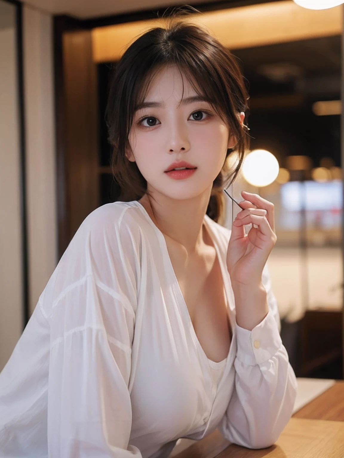 top-quality,Wear see-through clothing,40 year old woman,Colossal tits,well-muscled,beautiful countenance,Slender eyes,Thick lip,Thin makeup,blusher,Realistic wrinkles,