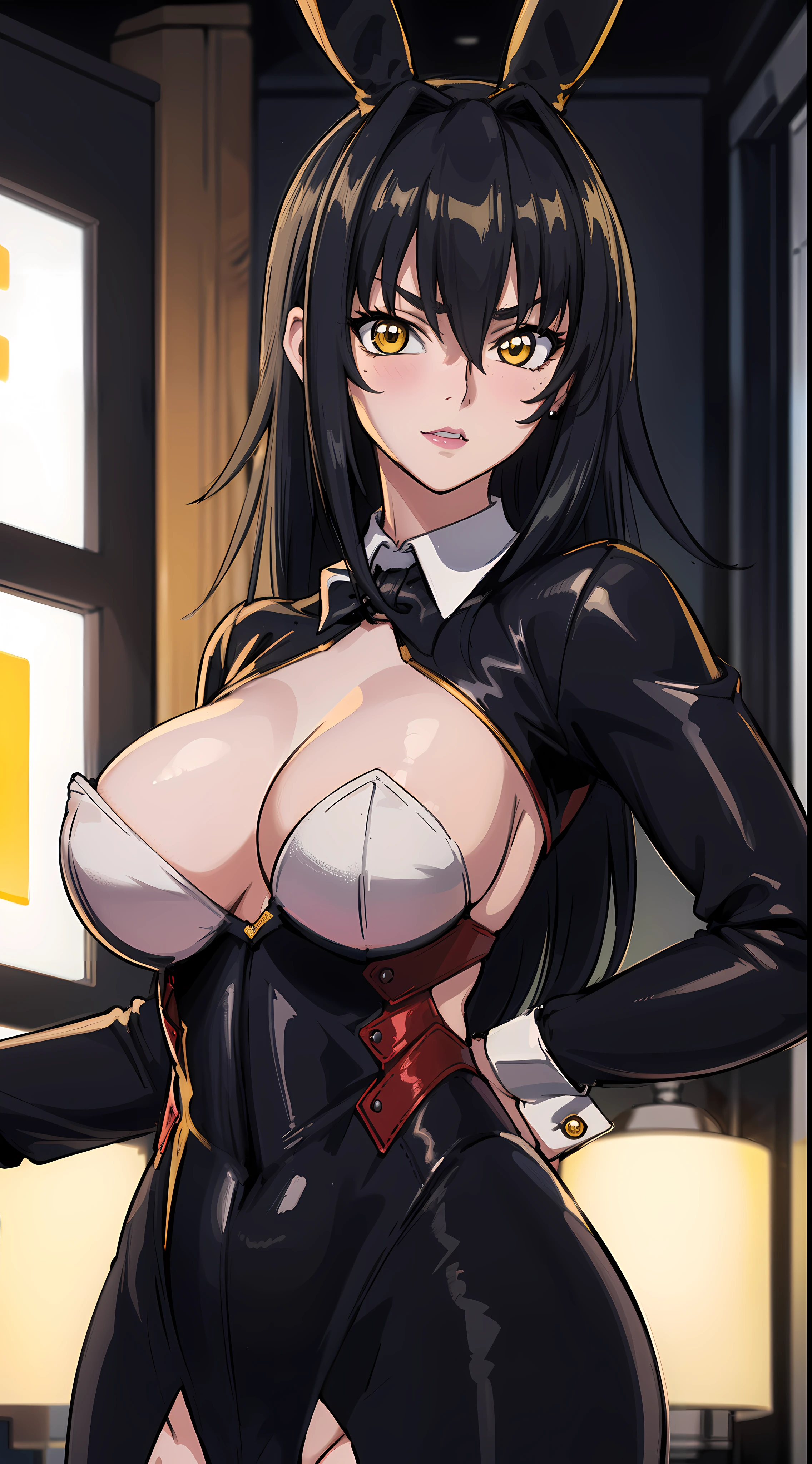 professional artwork, Intricate Details, field of view, sharp focus, detailed painting, photorealistic lighting, trending on pixiv, Standing at attention,(black bunny costume:1.5), black hair,very long hair, Bangs,yellow eyes,makeup, lipstick, 35yo,mature female,Beautiful Finger,Beautiful long legs,Beautiful body,Beautiful Nose,Beautiful character design, perfect eyes detail, perfect face, looking at viewer, NSFW,official art,extremely detailed CG unity 8k wallpaper, perfect lighting,Colorful, Bright_Front_face_Lighting, (masterpiece:1.0),(best_quality:1.0), ultra high res,ultra-detailed, hyperdetailed, photography, 8K, HDR, highres, absurdres:1.2, Kodak portra 400, film grain, blurry background, bokeh:1.2, lens flare, (vibrant_color:1.2) (Beautiful,large_Breasts:1.4), (beautiful_face:1.5),(narrow_waist), (solo:1.4), ((upper body, half body shot:1.4)), annerose:0.85, classroom, (blushing, shy, pretty, tsundere:1), looking at viewer