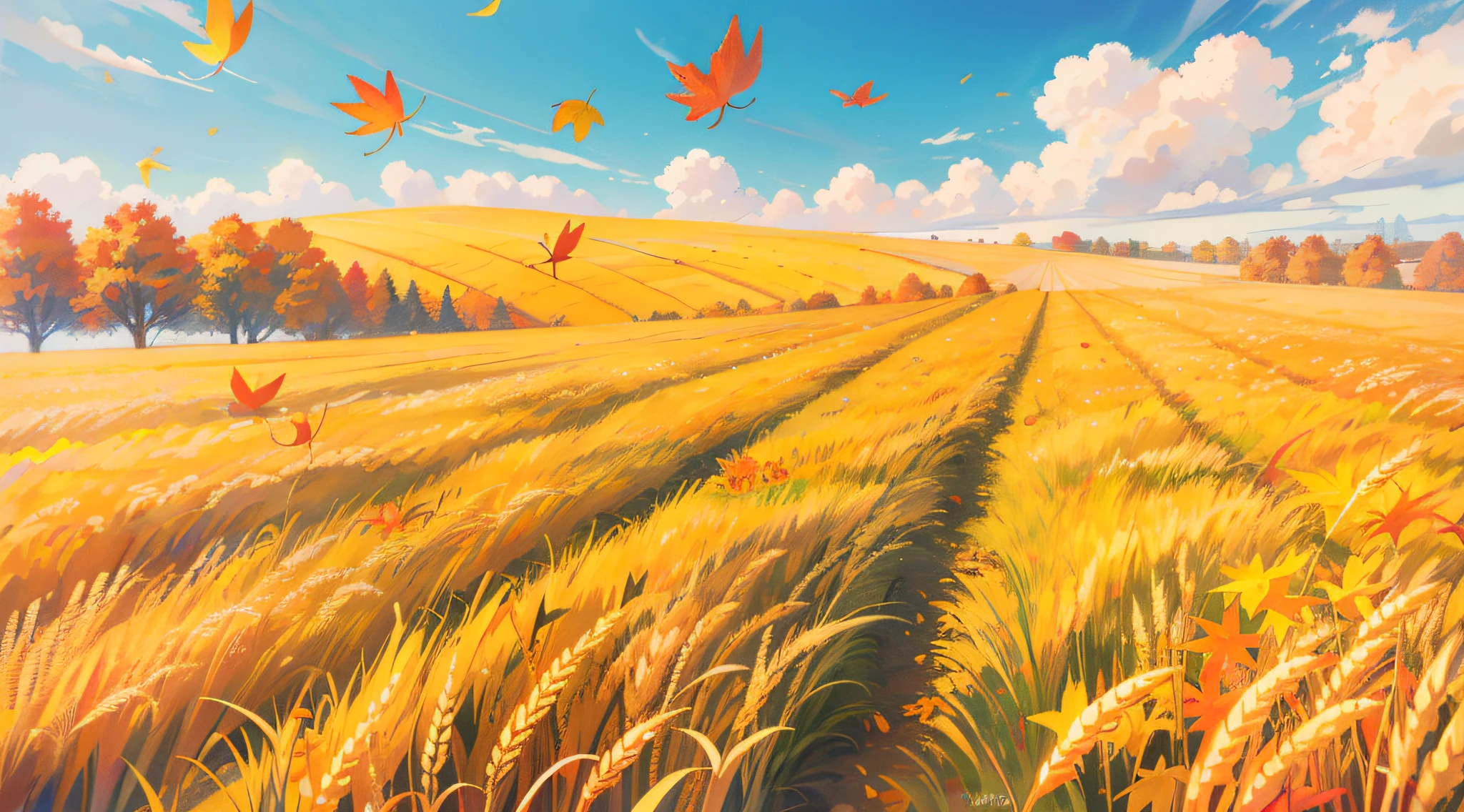 and the sun was shining brightly,autumnal,wheat field,balmy autumn day,amarelo,falling leaf,flying birds,No Man