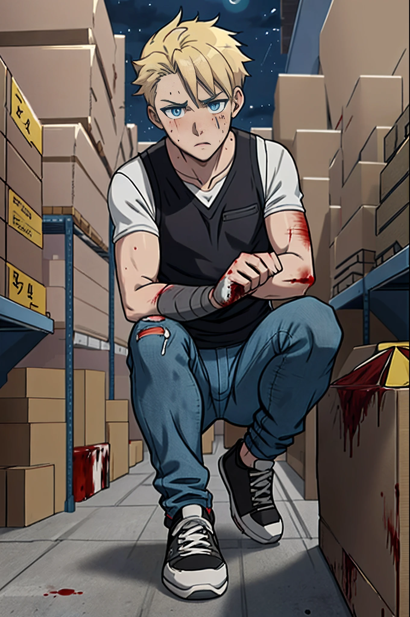 anime, injured scared boy, blond, blue eyes, gray long vest, gray jeans, black sports shoes, blood covered, warehouse, night, very dark