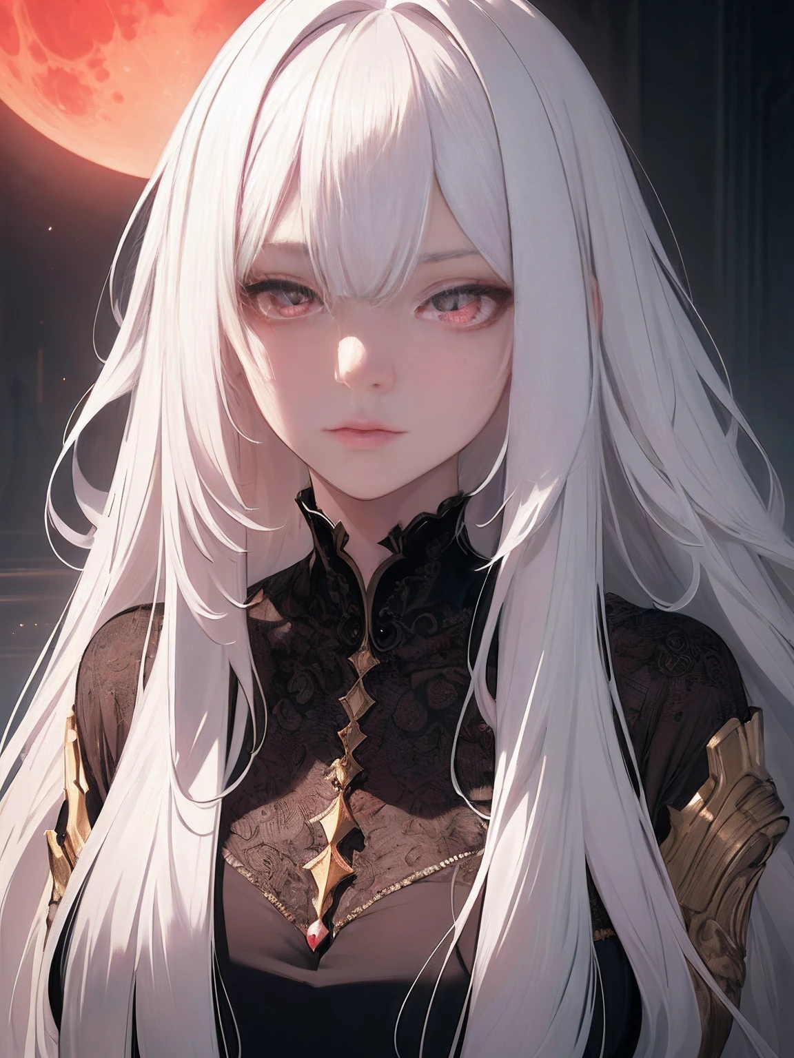 (masterpiece:1.2), (artwork:1.2), (beautifull detailed face:1.3), 1girl in, (long white hair with bangs), (portrait:1:1), (extremely drawn eyes:1.2), cinematic lighting, soft lighting, flat chest, Pink eyes, (Ultra-detailed:1.2), Red Moon, Black Dress