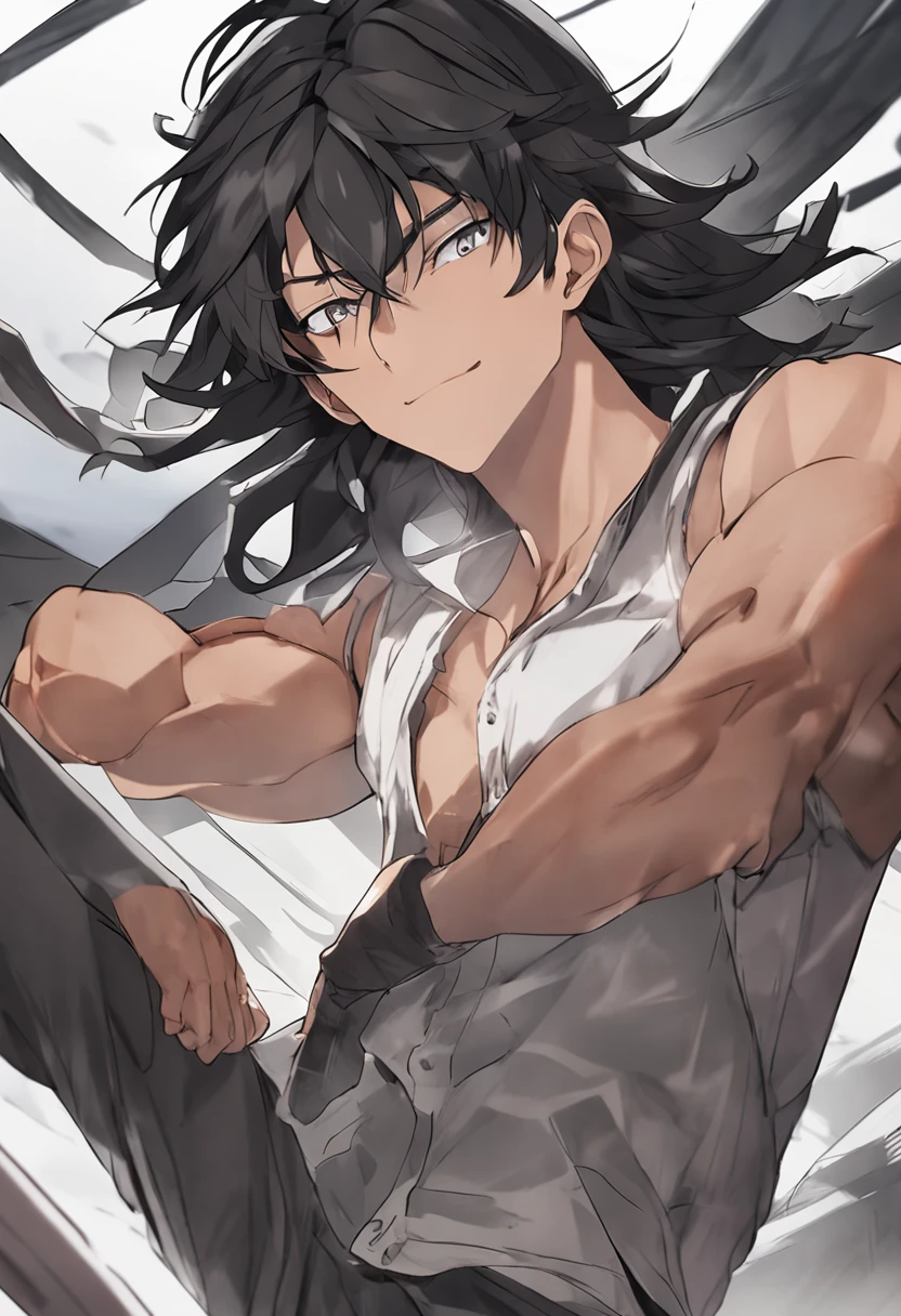 male, black hair, wavy hair, bangs, grin, character chart, anime, anime style, depth of field, cinematic lighting, UHD, textured skin, best quality, highres, super detail, retina, masterpiece, high details, ccurate, anatomically correct, high quality, award winning, 8k