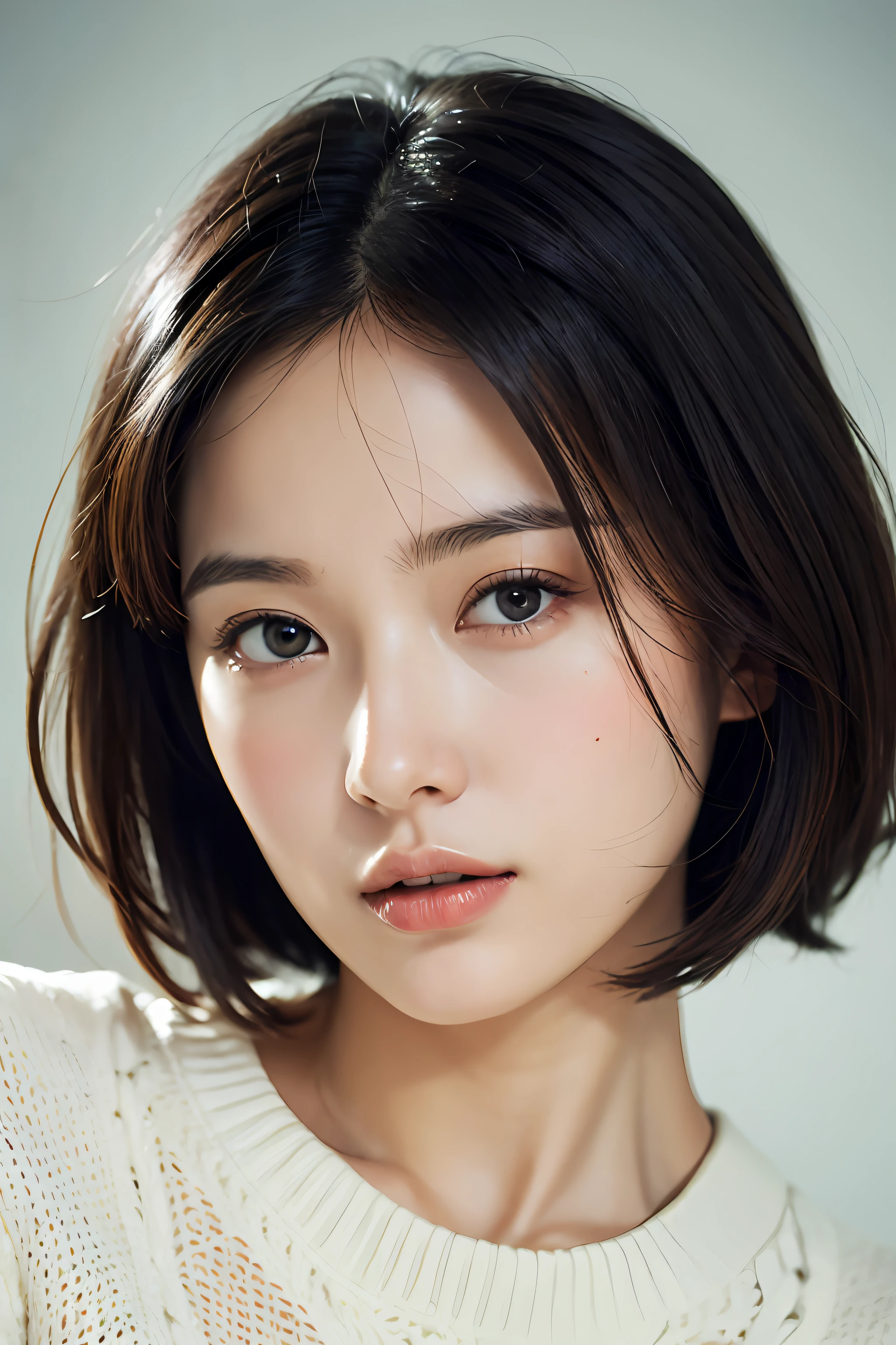 (masterpiece:1.3), (8k, photorealistic, RAW photo, best quality: 1.4), (1girl), beautiful face, (realistic face), (black hair, short hair:1.3), beautiful hairstyle, realistic eyes, beautiful detailed eyes, (realistic skin), beautiful skin, (sweater), absurdres, attractive, ultra high res, ultra realistic, highly detailed, golden ratio