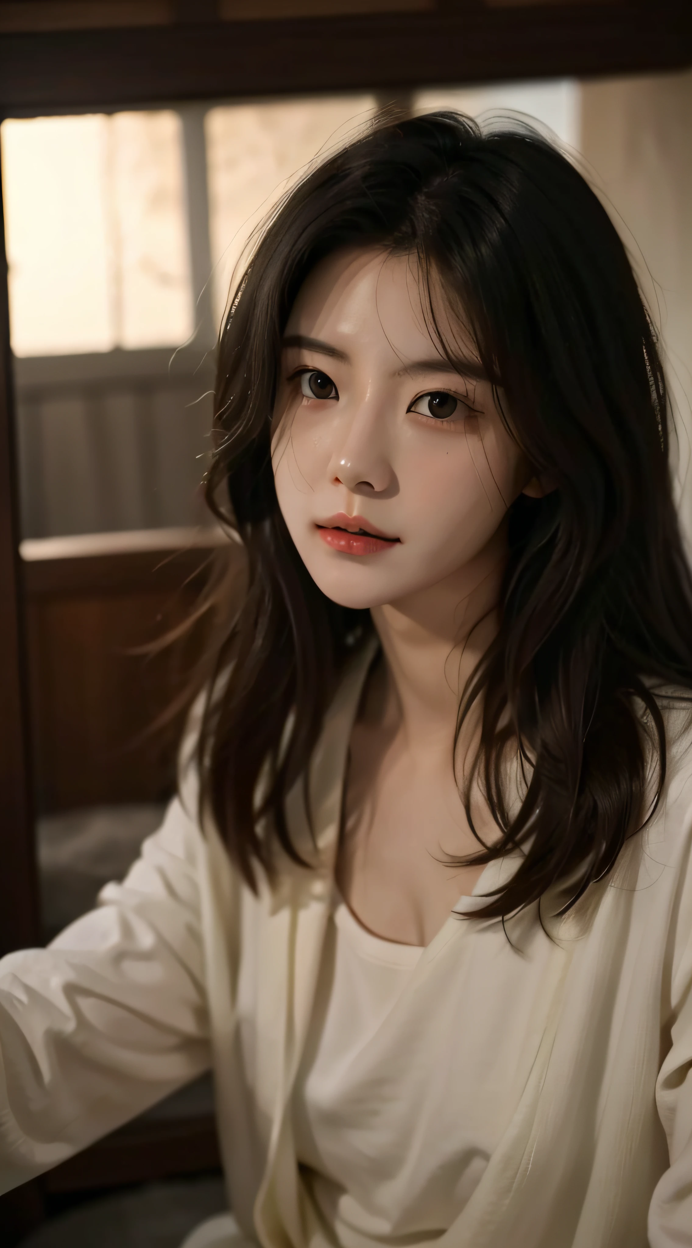 best qualtiy, tmasterpiece, 超高分辨率, (realisticlying:1.5), RAW photogr, 1girll, in the darkness nigth, deep shading, low tune, cold light,messy shortt hair,Take a selfie facing the camera