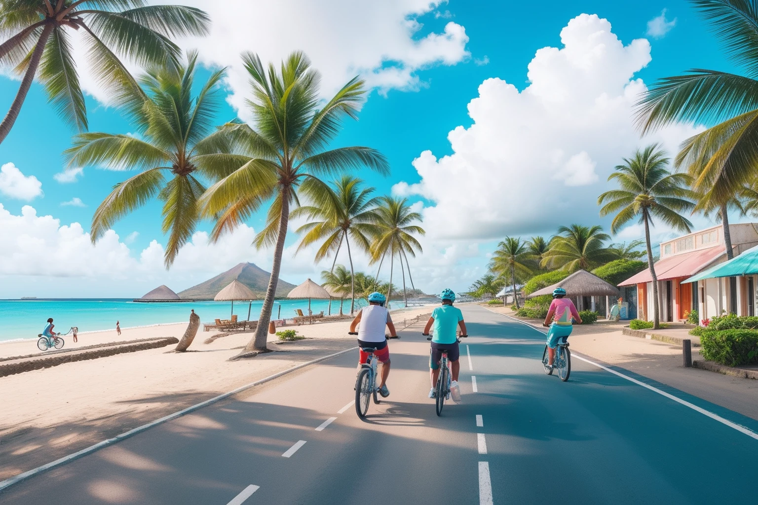 Year: 2020
Country: Mauritius
Description: In the charming coastal town of Grand Baie, an upper-middle-class family enjoys a leisurely bike ride along the picturesque beachfront promenade. The pastel-colored buildings and the turquoise ocean create a serene and cinematic setting.