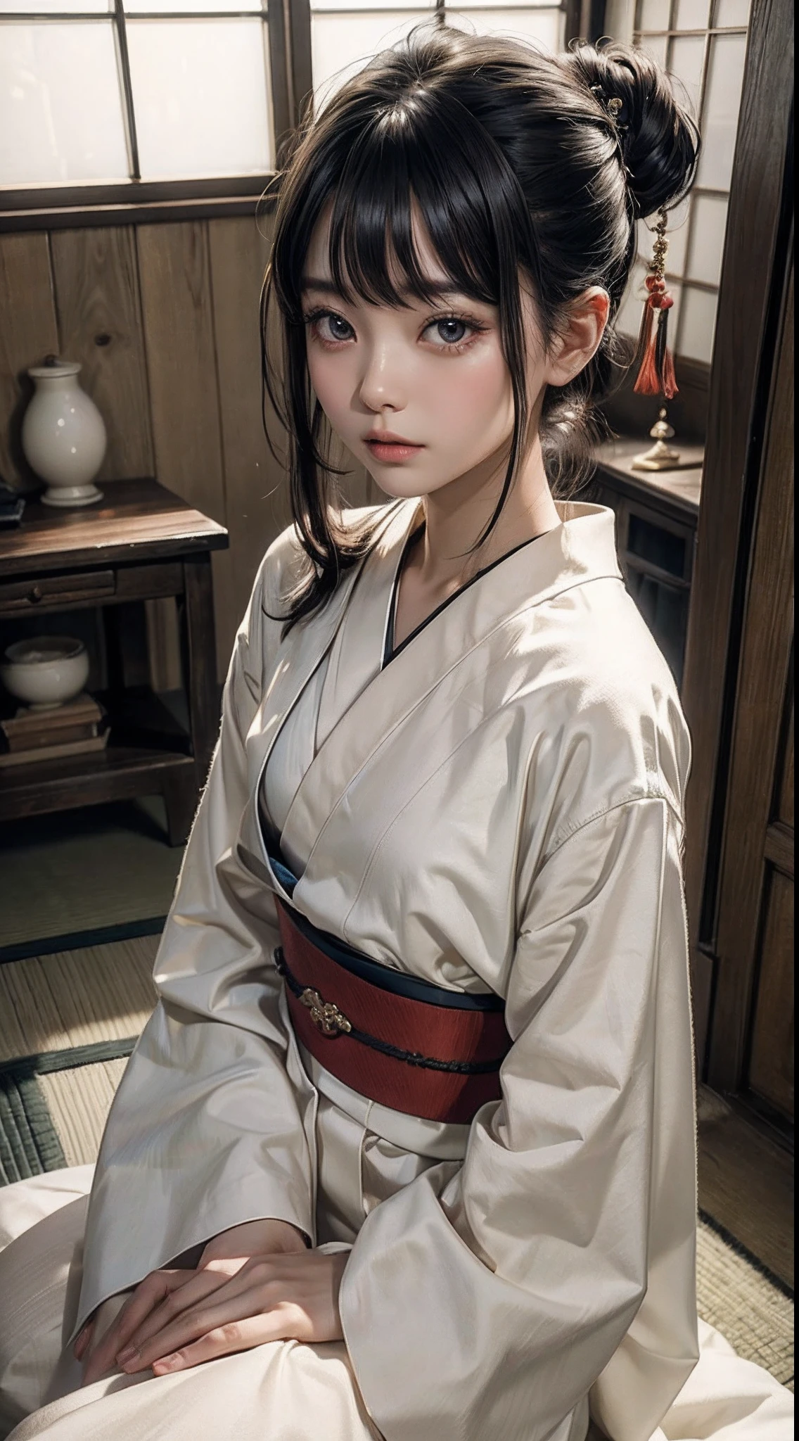 (8K, Raw photography, top-quality, ​masterpiece:1.2), One Woman、Japan at the age of 18,fullllbody.{scinematic angle、Wide Angle、Don't split the screen、}（Realistic Skins 1.4）、（Old Japanese-style room）、（（（Woman in Japan kimono、The skin is not exposed）））、（（（Bunching hair））、50mm Lens、30mm film、wide angles、（Long Bob、）、（A dark-haired、The forehead is hidden by bangs、）、Black eyes、shinny skin、beautiful detailed hair、Beautiful delicate face、Beautiful delicate eyes、｛tiny chest、small tits、muscular body、｝、