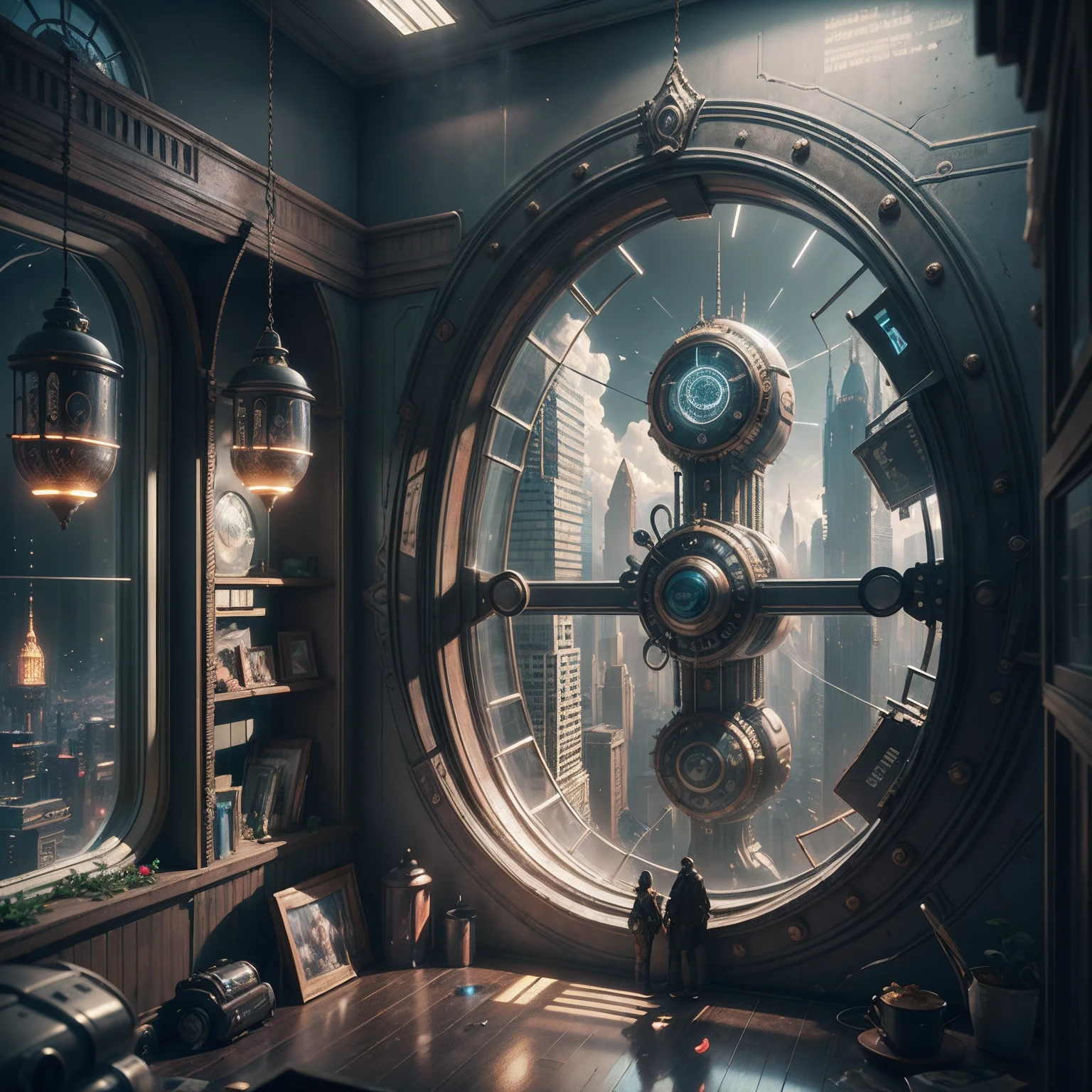 There is an ornate bedroom in the style of Versailles with a big historical window. A hyperrealistic cyberpunk dreamscape cityscape is in the window. The cityscape is extremely detailed with many lights and LED neon colors and buildings of many different sizes. The cityscape has all colors of the rainbow and has hires interesting flying steampunk dirigibles. A giant steampunk standalone clock is seen ((through the window)). The entire artwork is very realistic with many small details and enhancements. 3D render beeple, artstation and beeple highly, in fantasy sci-fi city, inspired by beeple, 8k, unreal engine unity CGI. Masterpiece and popular. Add many fantastical and beautiful details and nuances.