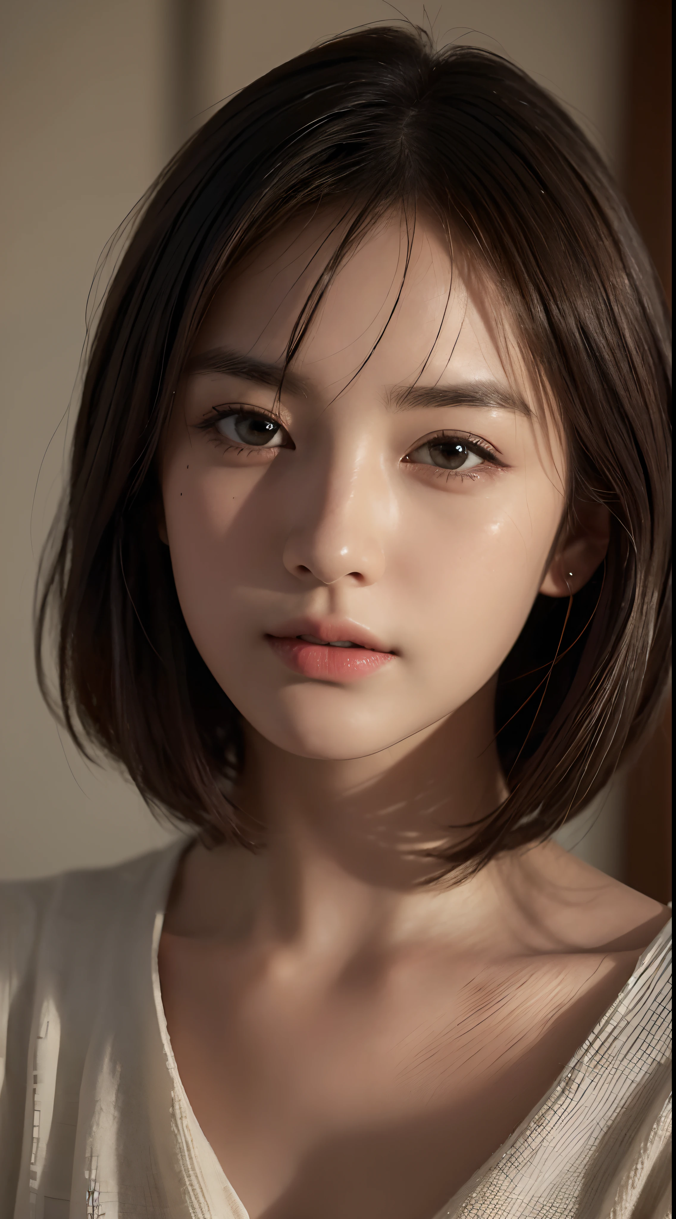 ((Best Quality, 8K, Masterpiece: 1.3)), Sharp: 1.2, Perfect Body Beauty: 1.4, Slim Abs: 1.2, ((Layered Hairstyle, Big Breasts: 1.2)), (Wet White Button Long Shirt: 1.1), (Rain, Street: 1.2), Wet: 1.5, Highly detailed face and skin texture, detailed eyes, double eyelids, side face looking at the camera