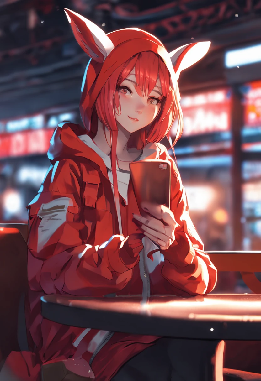 Beautiful girl with red straight hair and red eyes, long bunny ears, thumb up, Sitting in a coffee shop, during night, She wears an orange hoodie, Nostalgic and melancholic atmosphere, Cup on the table, Detailed digital anime art, Loish et WLOP, Cute anime art, Cute Anime Girls, Digital anime illustration, Inspired by WLOP, Art Station Top, hyper-detailed fantasy character, 3d anime style, high quality rendering