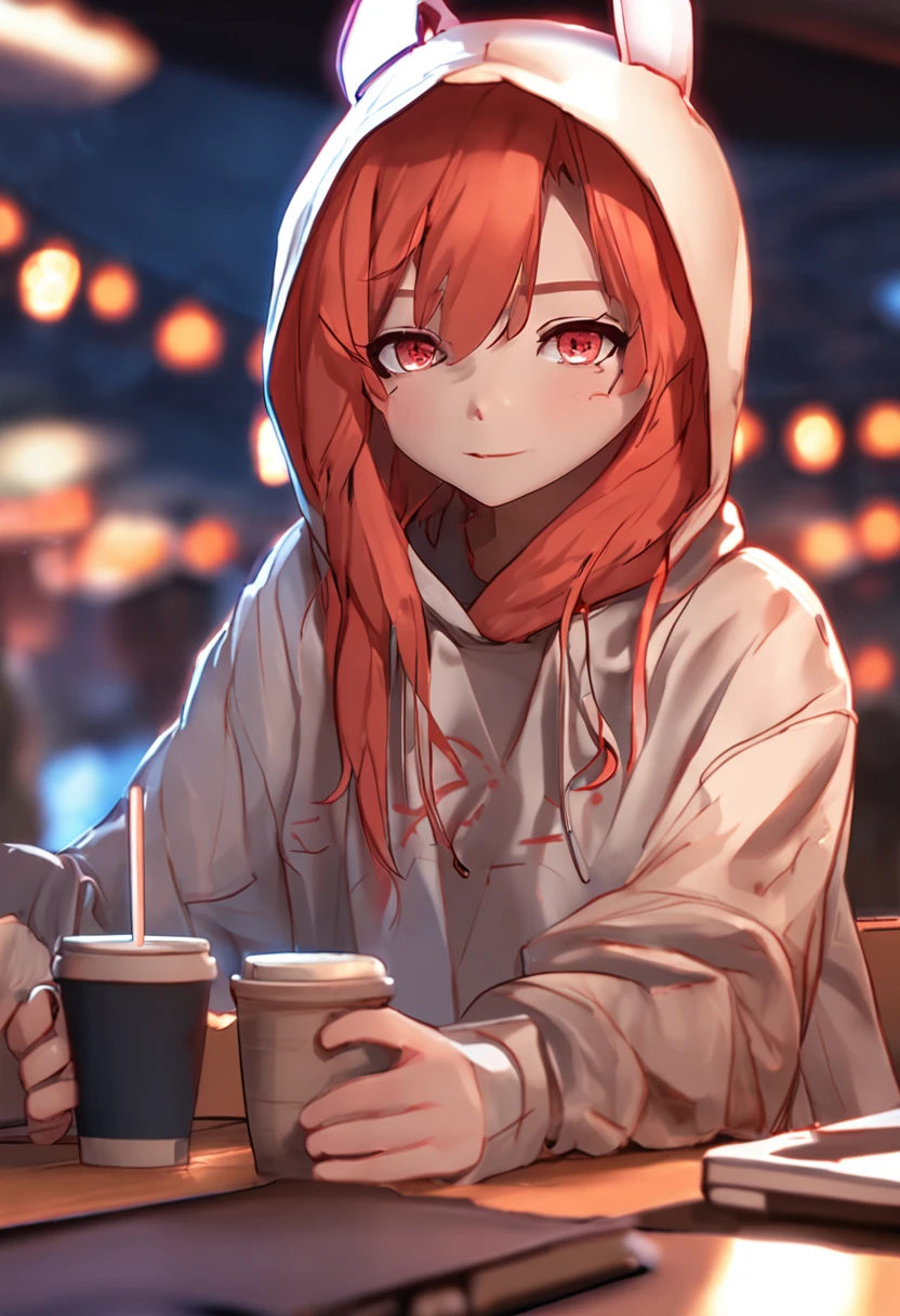 Beautiful girl with red straight hair and red eyes, long bunny ears, thumb up, Sitting in a coffee shop, during night, She wears an orange hoodie, Nostalgic and melancholic atmosphere, Cup on the table, Detailed digital anime art, Loish et WLOP, Cute anime art, Cute Anime Girls, Digital anime illustration, Inspired by WLOP, Art Station Top, hyper-detailed fantasy character, 3d anime style, high quality rendering