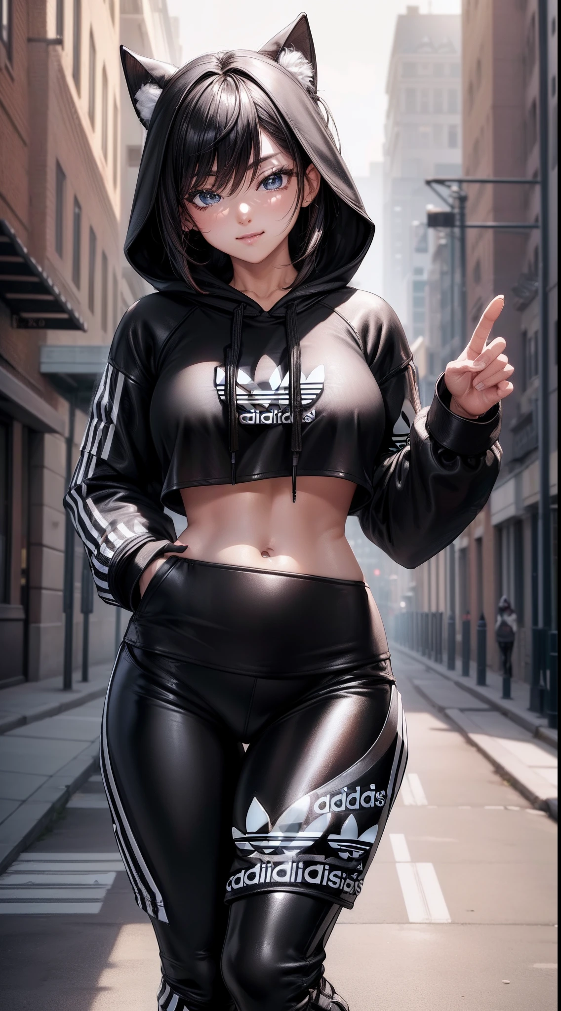 Genshin Impact, 8k, highres, ultra detailed, (masterpiece:1.4), best quality, symmetrical body, (Jeandef:1.4), (cropped Black adidas cotton hoodie with lettering:1.5), (plain black leather leggins:1.5), full body shot, cute, solo, glow effect, finely eye, detailed face, looking at viewer, smilling at viewer, leaning forward, dominant look, (seductive:1.4), big breasts, sun, rim light, in the city, (sexy pose:1.4)