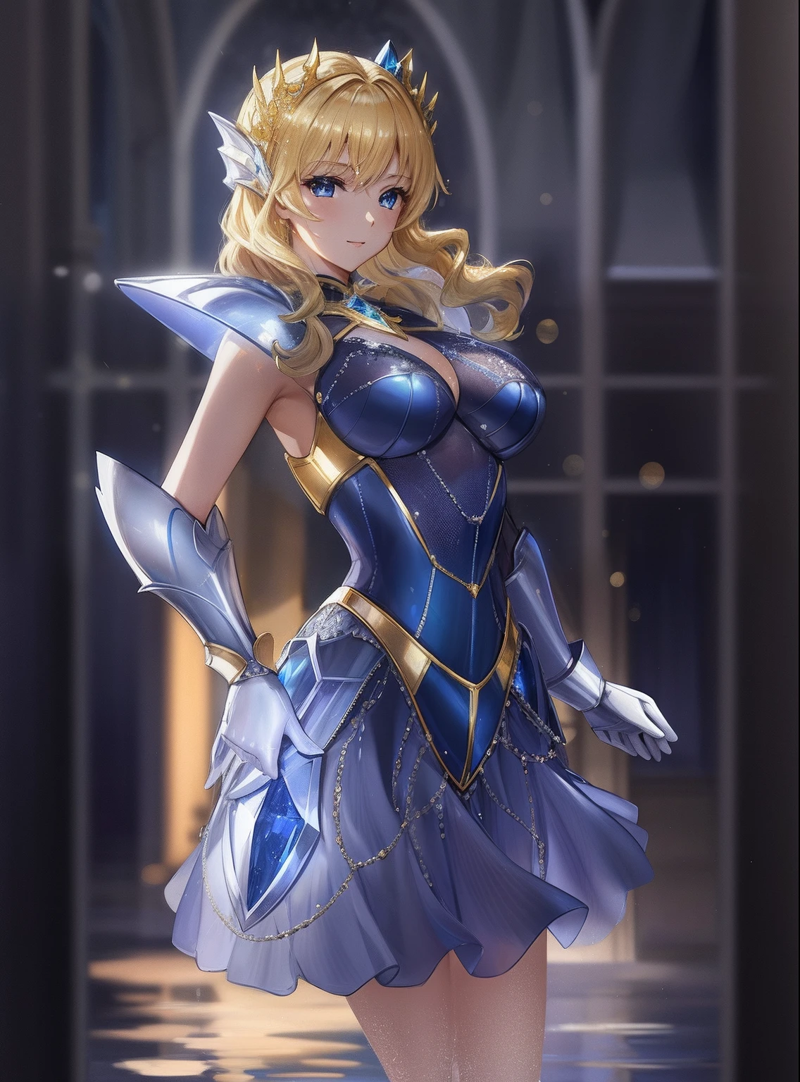 Woman in dress and gloves standing in water, a blonde girl, knights of zodiac girl, portrait knights of zodiac girl, In shining sapphire armor, oppai, huge tit, with large breasts, seductive princess knight, Dressed in light armor, Dress Armor Girl, Princess Knight, Shiny sapphire armor, Glossy sapphire armor, princess intergalactica, Crystal Sapphire Armor, Sapphire Princess, Sapphire reflective armor, smooth anime cg art, Sapphire armor, High Quality Anime Art Style